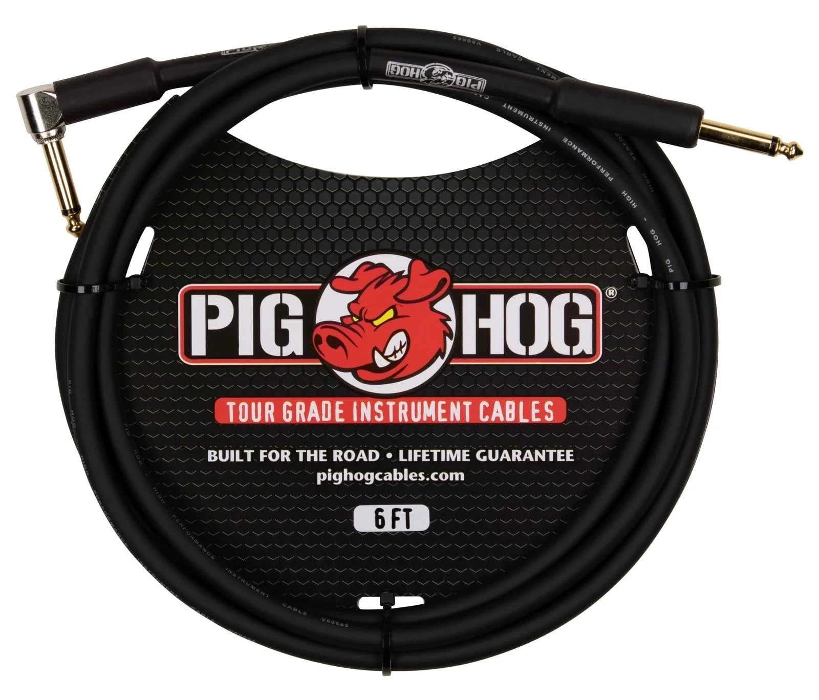 Pig Hog PH6R 6-feet 1/4" - 1/4" Right Angle Connector 8mm PVC Outer Covering Instrumental Cable Resists Kinking Tangling