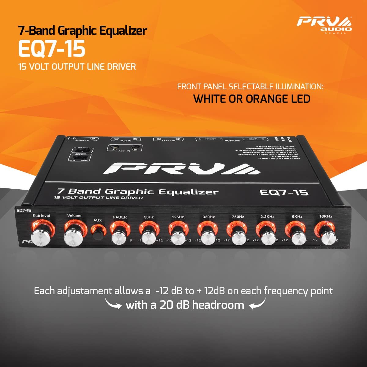 PRV AUDIO EQ7-15 7 Band Graphic Equalizer 15 Volt RCA Line-Level Output with Fader and Subwoofer Level Control for Car Audio