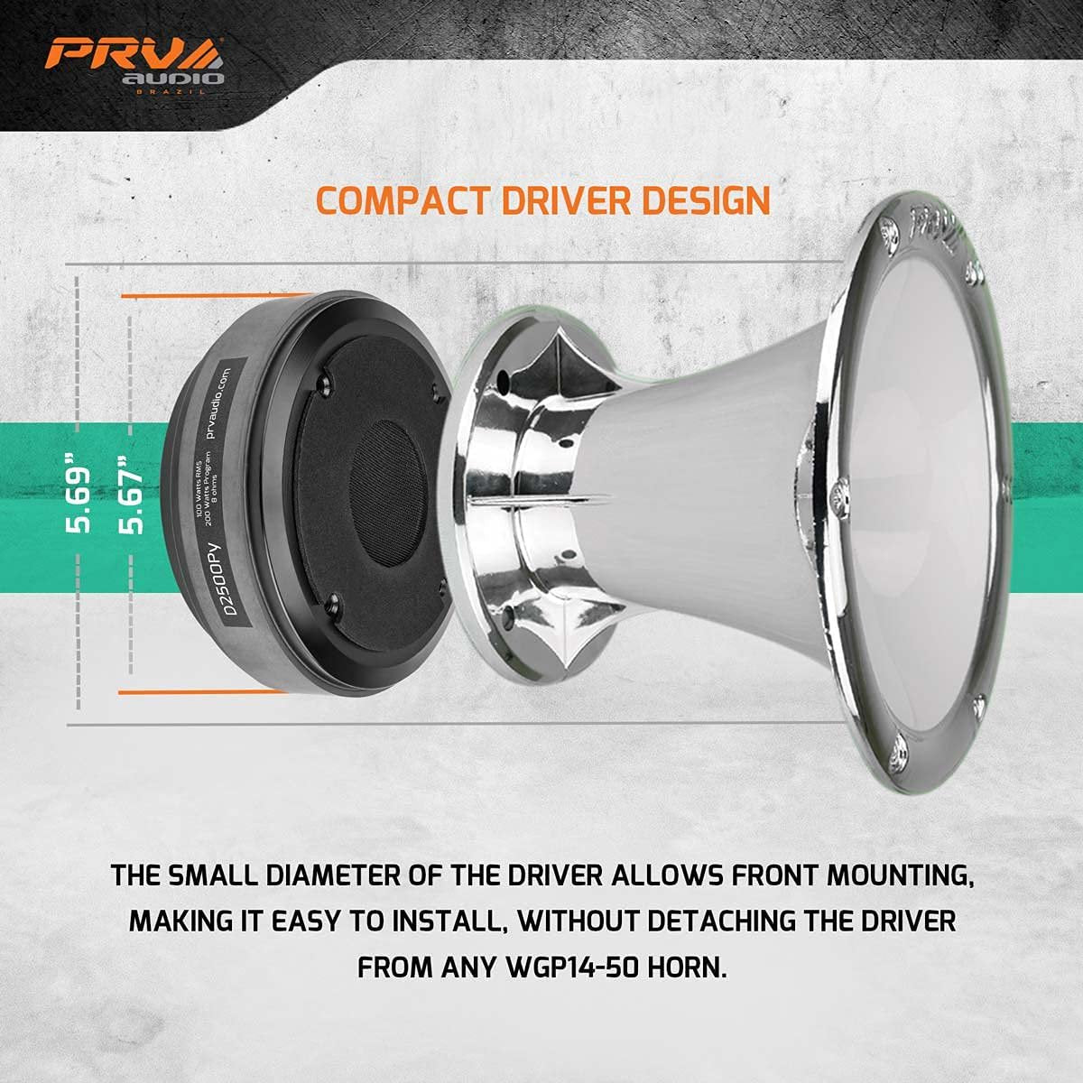 PRV AUDIO 2 Inch Exit Polymide Compression Driver D2500Py - 200 Watts Program Power, 8 Ohm, 100 Watts RMS Power, 109 dB, Compact Mid High Vocal Reproduction for Pro Audio Systems (Single)