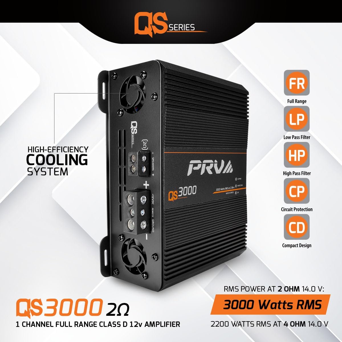 PRV Audio QS3000 2 Ohm 3000 Watt Amp Car Audio Amplifier Full Range HD Sound Monoblock 3K Car Amp with Built-in HPF and LPF Controls for PRO Audio Systems
