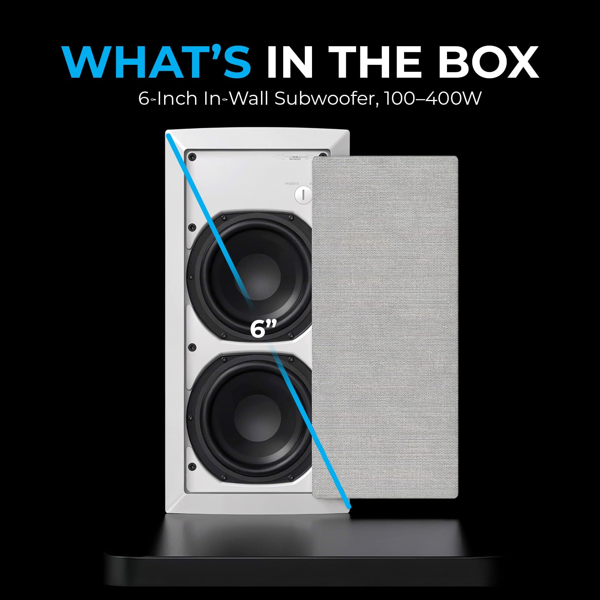DEEJAY LED 2 × 6-Inch in-Wall Subwoofer, 100–400W High Power Subwoofer for Home Theater, Office, Retail, 8 Ohm Stereo / 4 Ohm Mono, White Paintable Finish, Gold Terminals