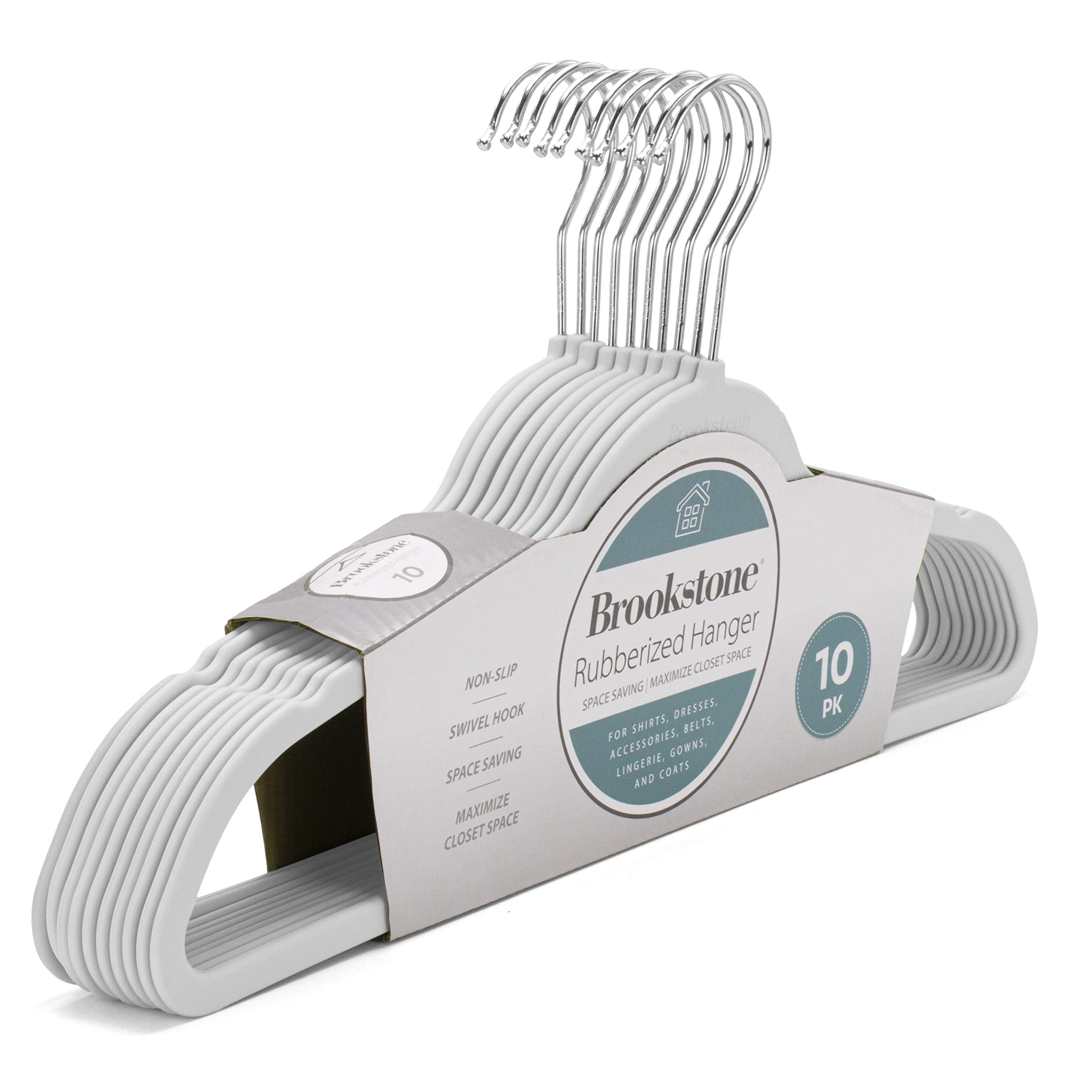 BROOKSTONE, 10 Pack [Non-Slip] High Grade Rubber Coated Plastic Hangers, Ultra Slim Lightweight Design, Heavy-Duty, Won’t Stain Fabric, Swivel 360° Hook, White