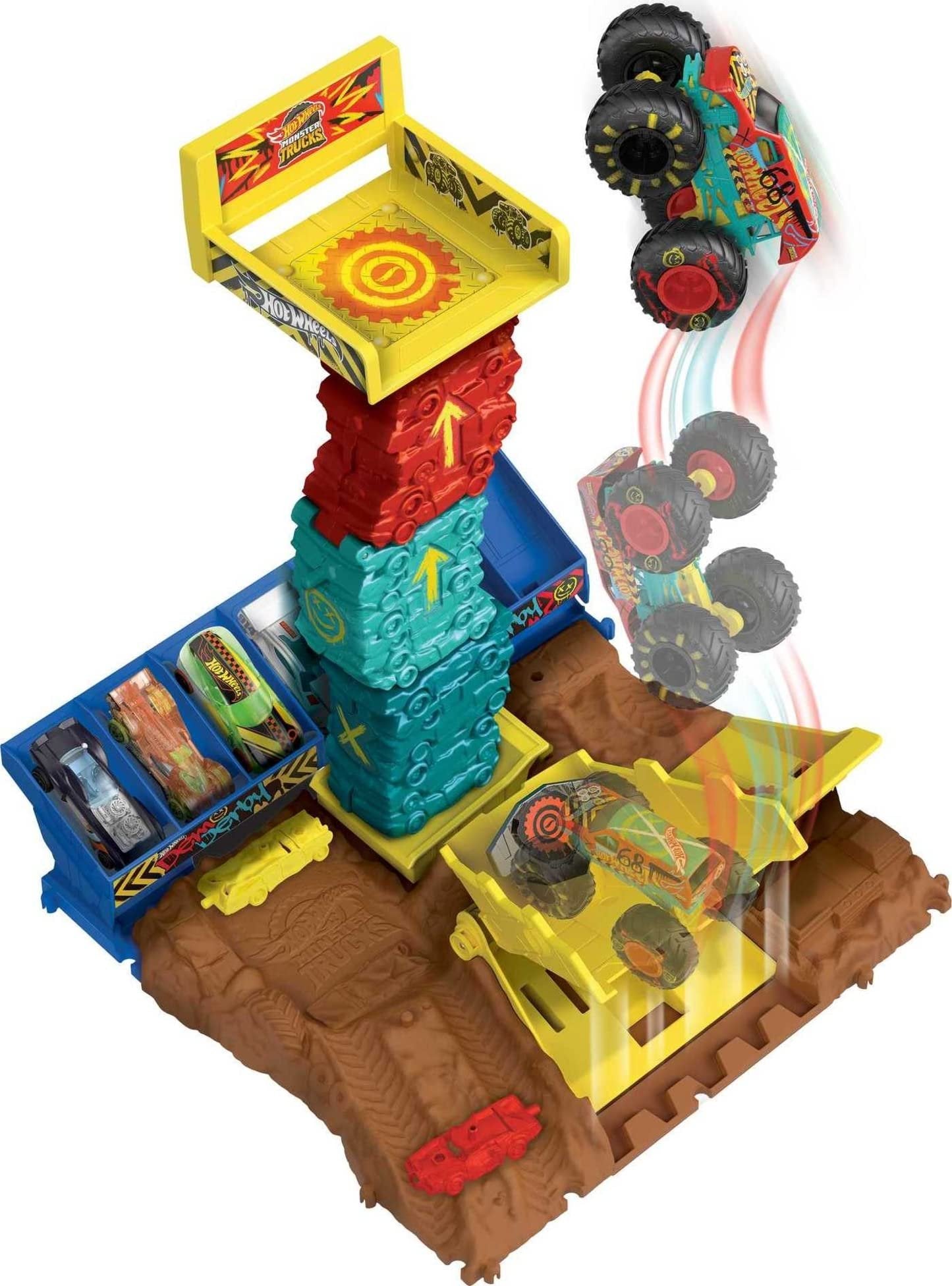 Hot Wheels Monster Trucks Playset & Toy Truck, Arena Smashers Demo Derby Car Jump Challenge, 1:64 Scale Demo Derby & 2 Crushable Cars
