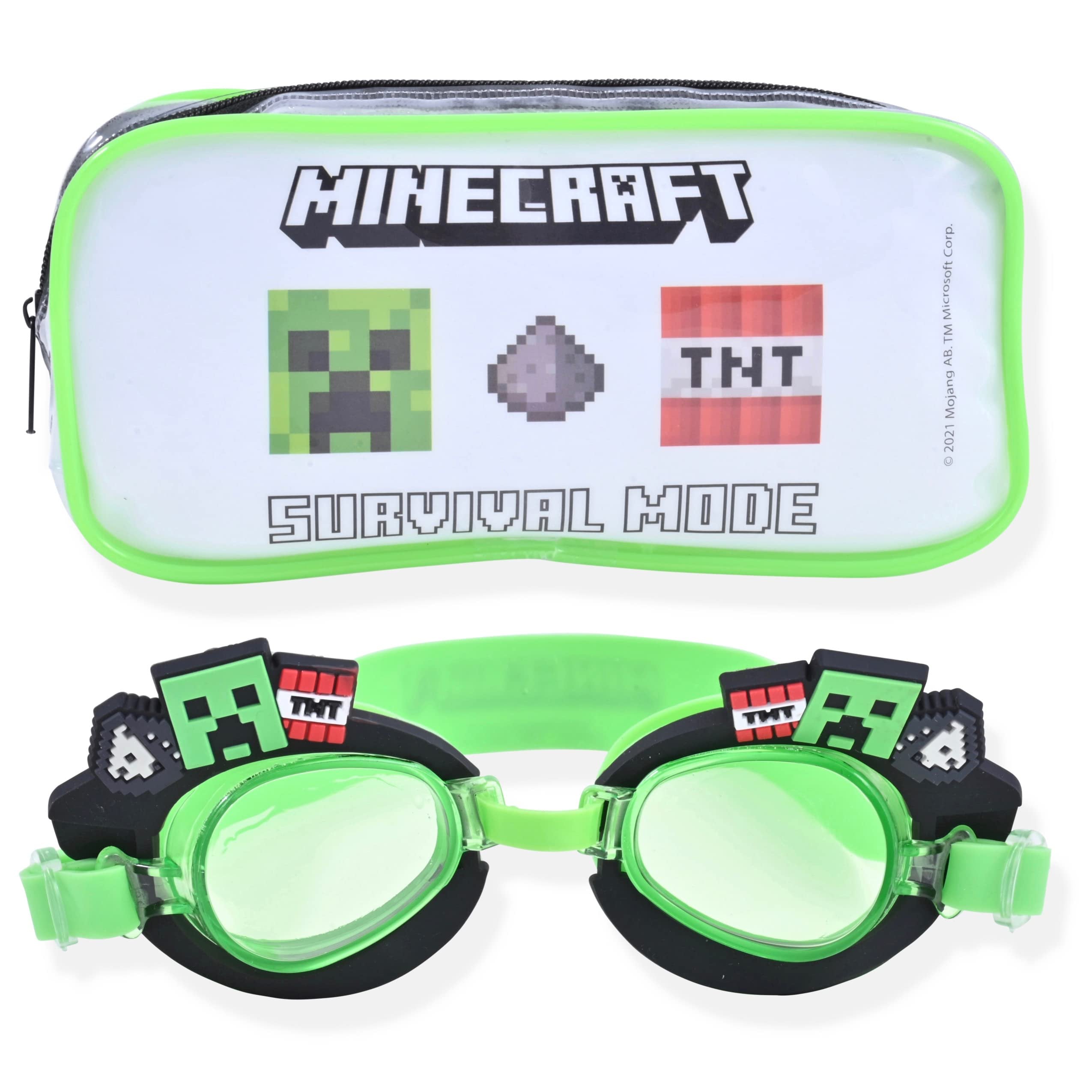 Minecraft Boys Swim Goggles for Kids | Boys Swimming Goggles with Carrying Case (Green)