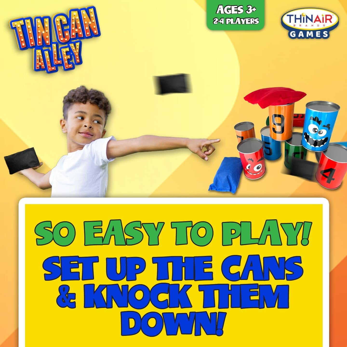 Thin Air Brands Ban Bag Toss Game for Kids - Carnival Can Beanbag Toss Game for Birthday Parties, Holidays, or Family Fun - 10 Fun Cans and 3 Beanbags - Indoor Outdoor Bowling Fun