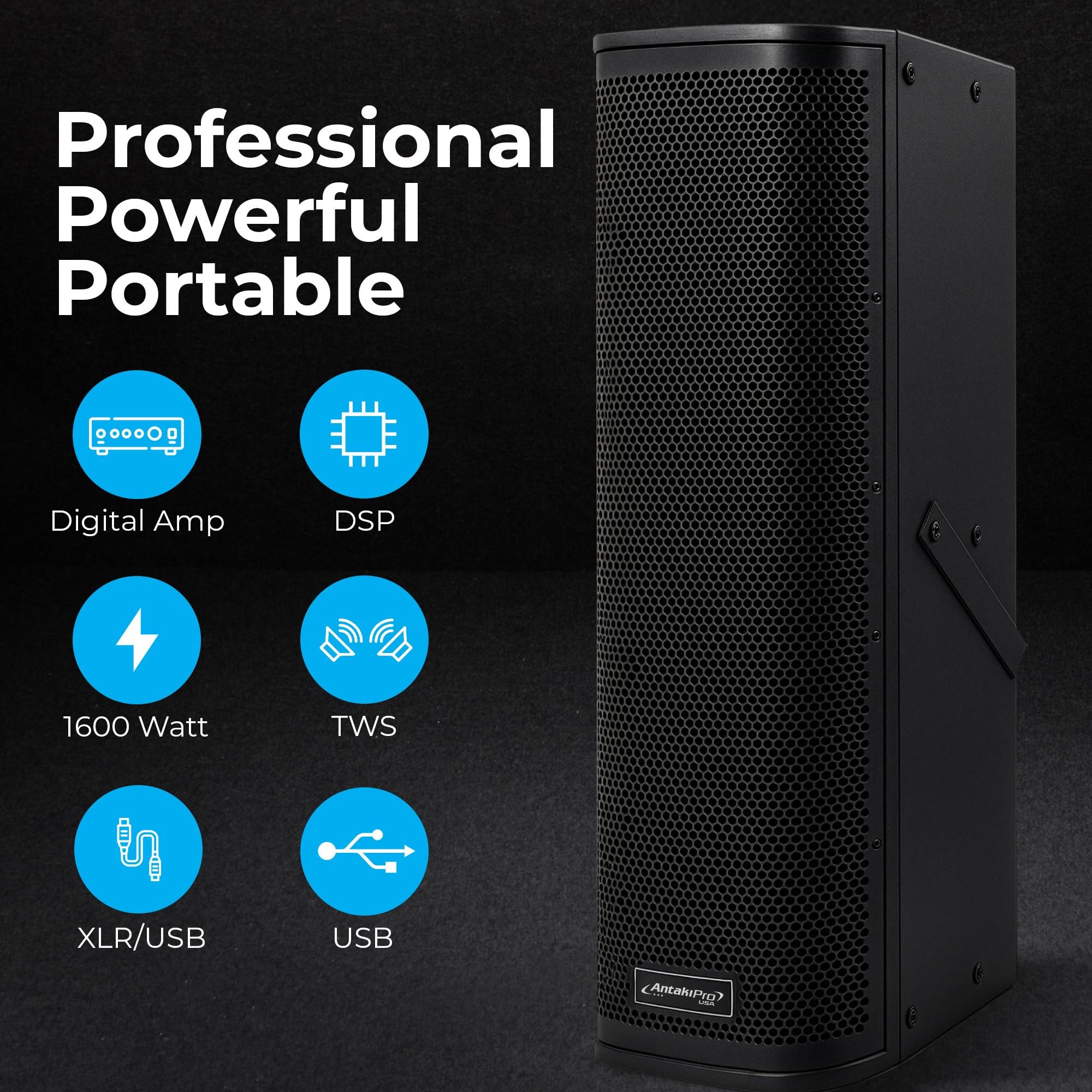 ANTAKRIPO Professional 1600W Powered Column Array Speakers – Active Wireless Speaker System with Digital Amplifier, DSP Control, USB, RCA/XLR, TWS Pairing & Master Volume Control