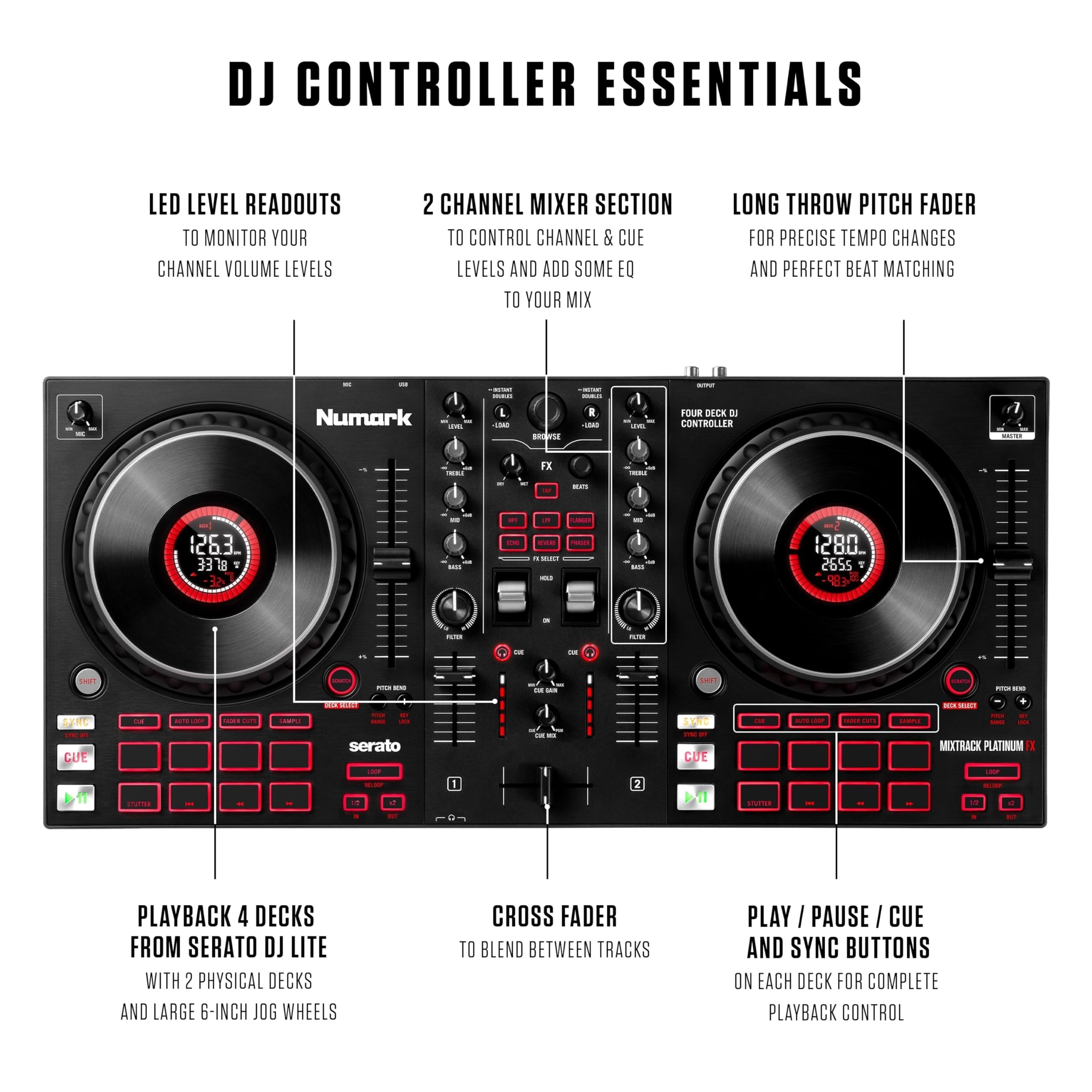 Numark Mixtrack Platinum FX Serato DJ Controller with Jog Wheel Displays, 4 Decks, Mixer, Effects Paddles and (Audio Interface)