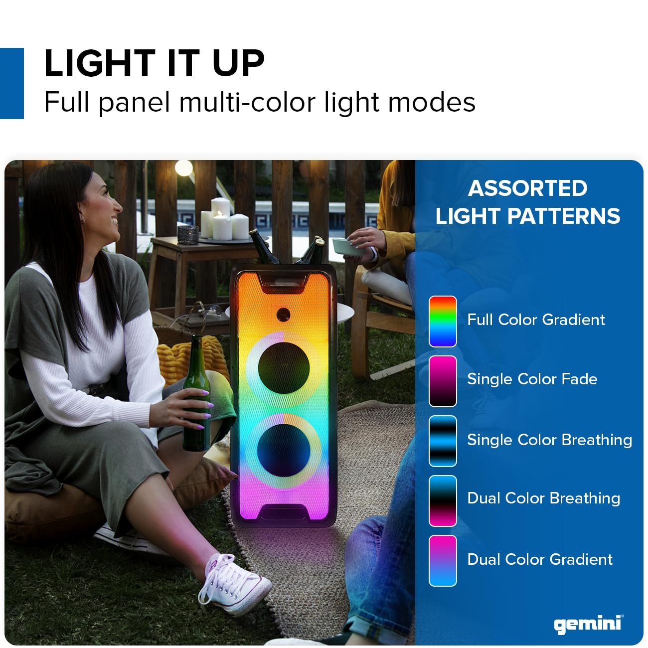 Gemini Bluetooth Speaker 1000W with LED Light Show, Dual 8" Woofers, Mic & Guitar Inputs, TWS Pairing, USB/FM/Bluetooth Playback, 16 Hr Battery, Remote Control – Perfect for Parties & Events (GLS-880)