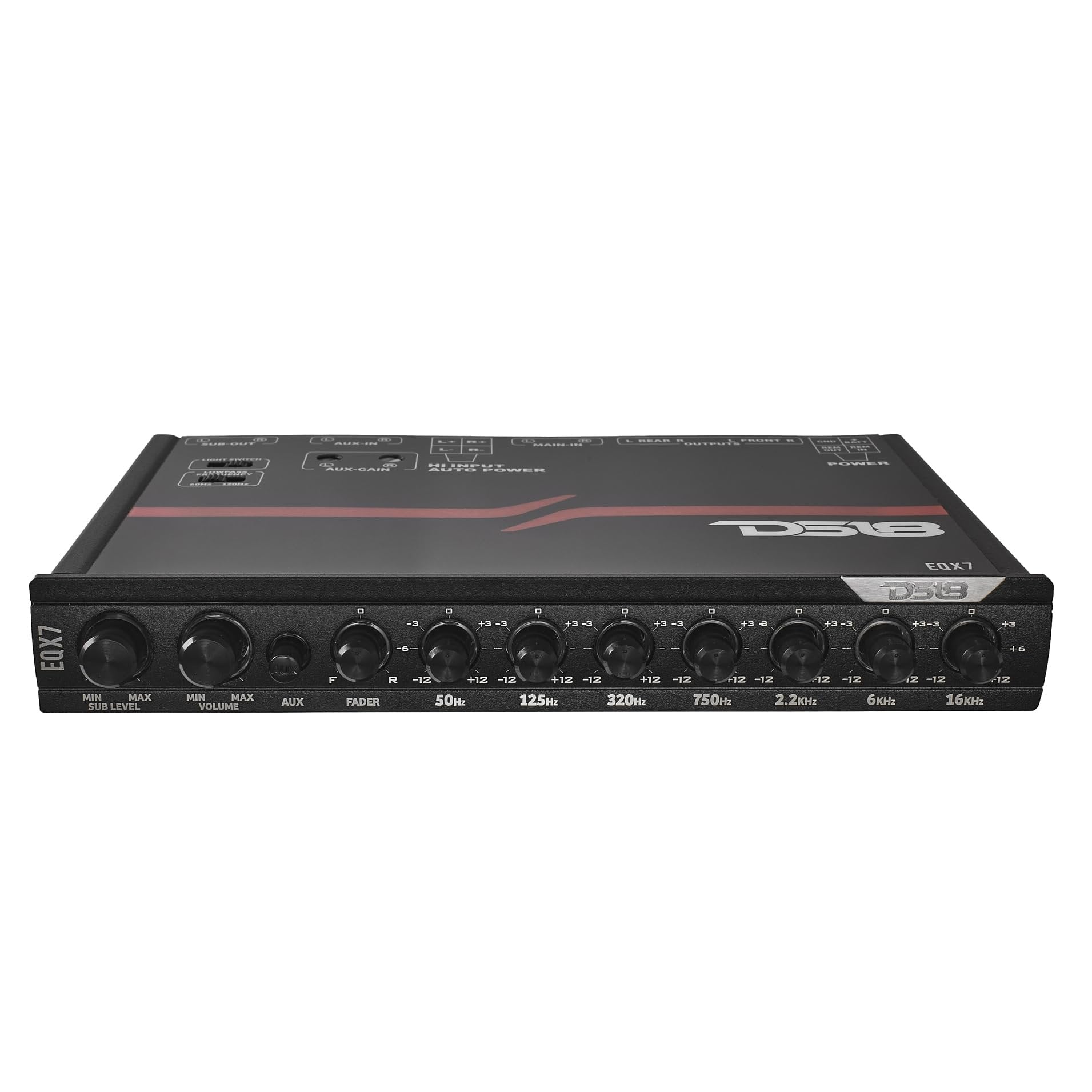 DS18 EQX7 Equalizer 7 Bands with auto Hi/Lo line Selector, Two Rear inputs (Main and Aux), 8 Volts Front, Rear and Sub Output