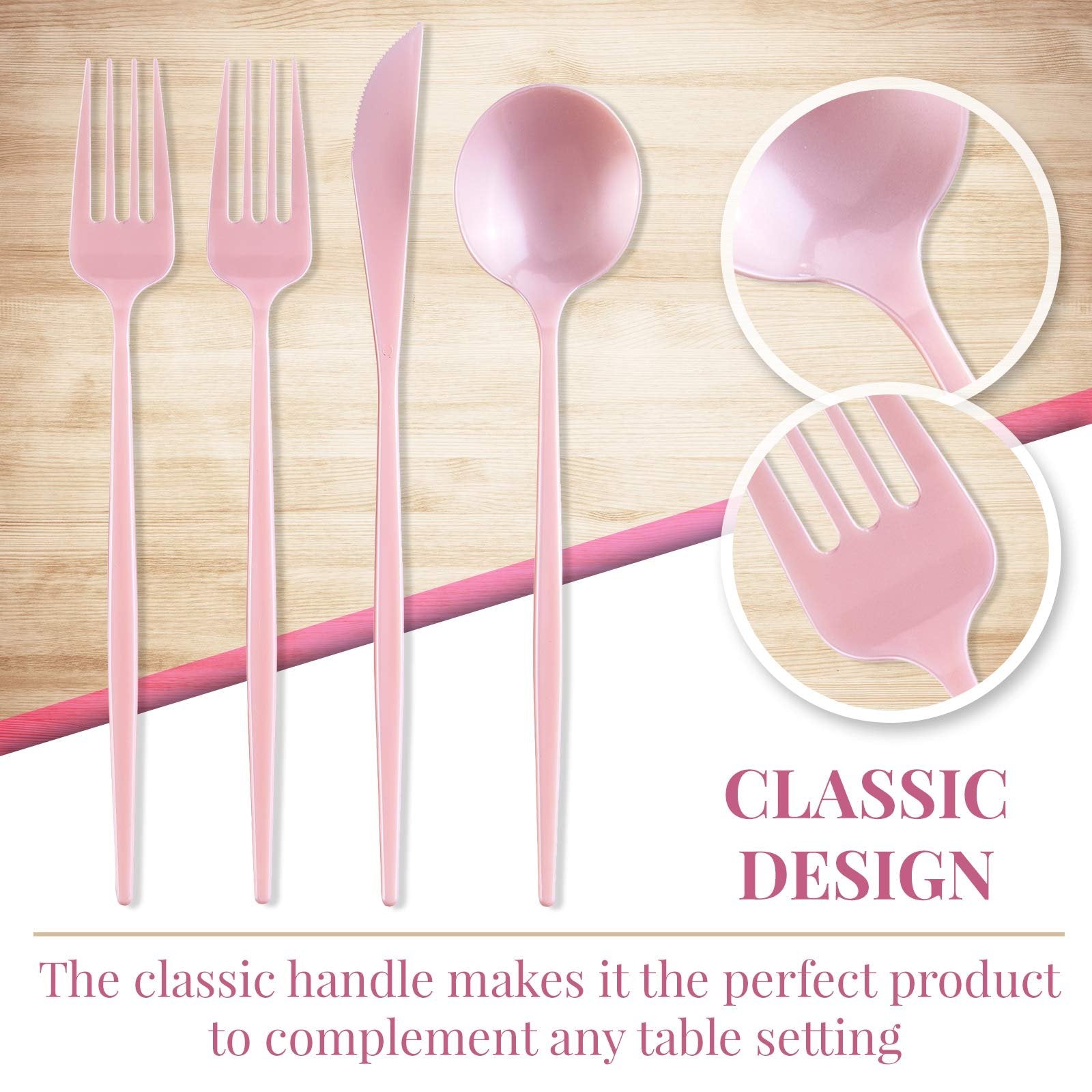 SILVER SPOONS Pink Disposable Cutlery (80 PC) Heavy Duty Plastic Silverware Set, Includes: 40 Salad Forks, 20 Soup Spoons and 20 Dinner Knives, Disposable Flatware for Upscale Wedding and Dining