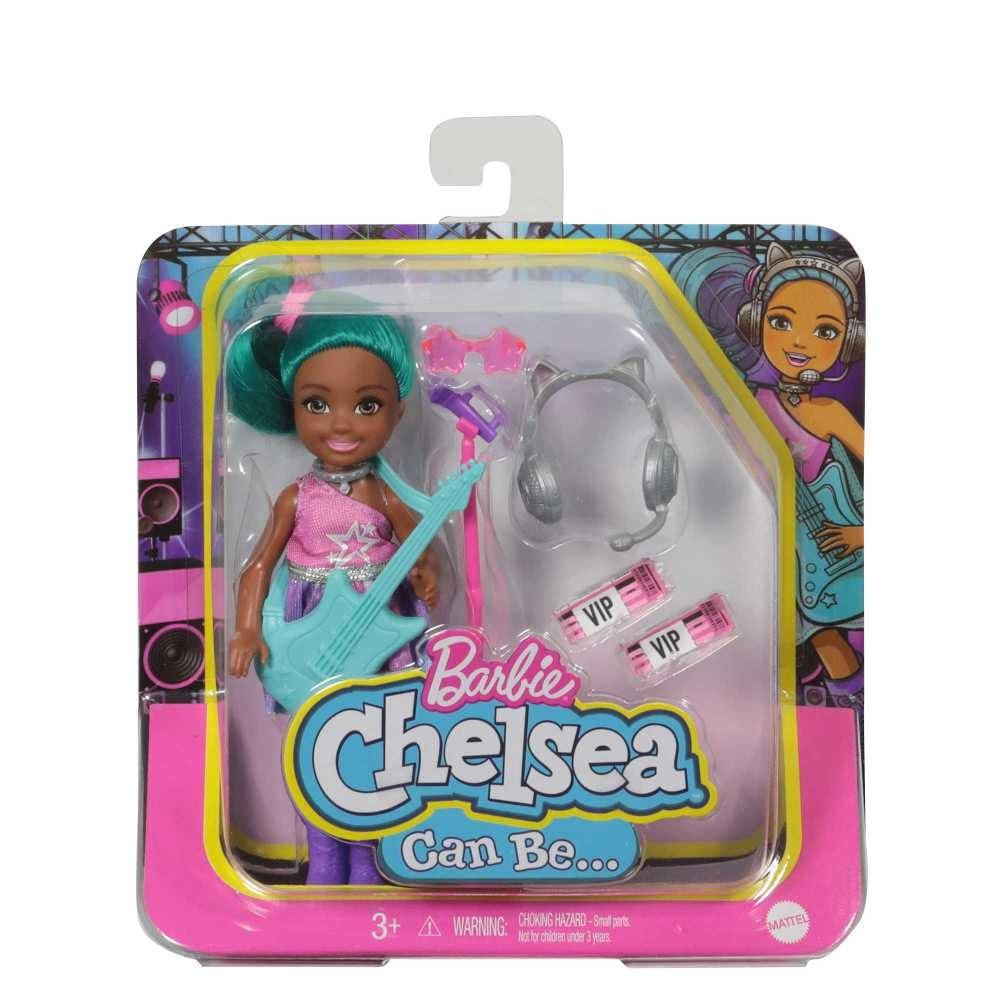 Barbie Chelsea Can Be Playset with Brunette Chelsea Rockstar Doll (6-in), Guitar, Microphone, Headphones, 2 VIP Tickets, Star-Shaped Glasses, Great Gift for Ages 3 Years Old & Up