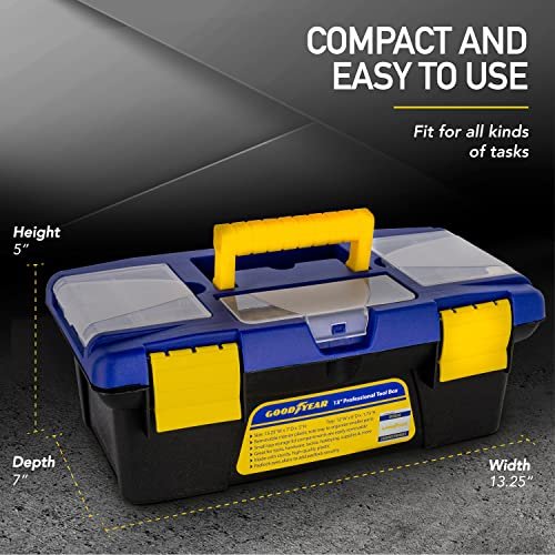 GOODYEAR - 13 Inch Small Tool Box with [Removable Side Comportment], Plastic Box with Handle, Tool Organizer Storage Box, Removable Inner Tray, Lightweight & Easy to Carry, Mini Toolbox