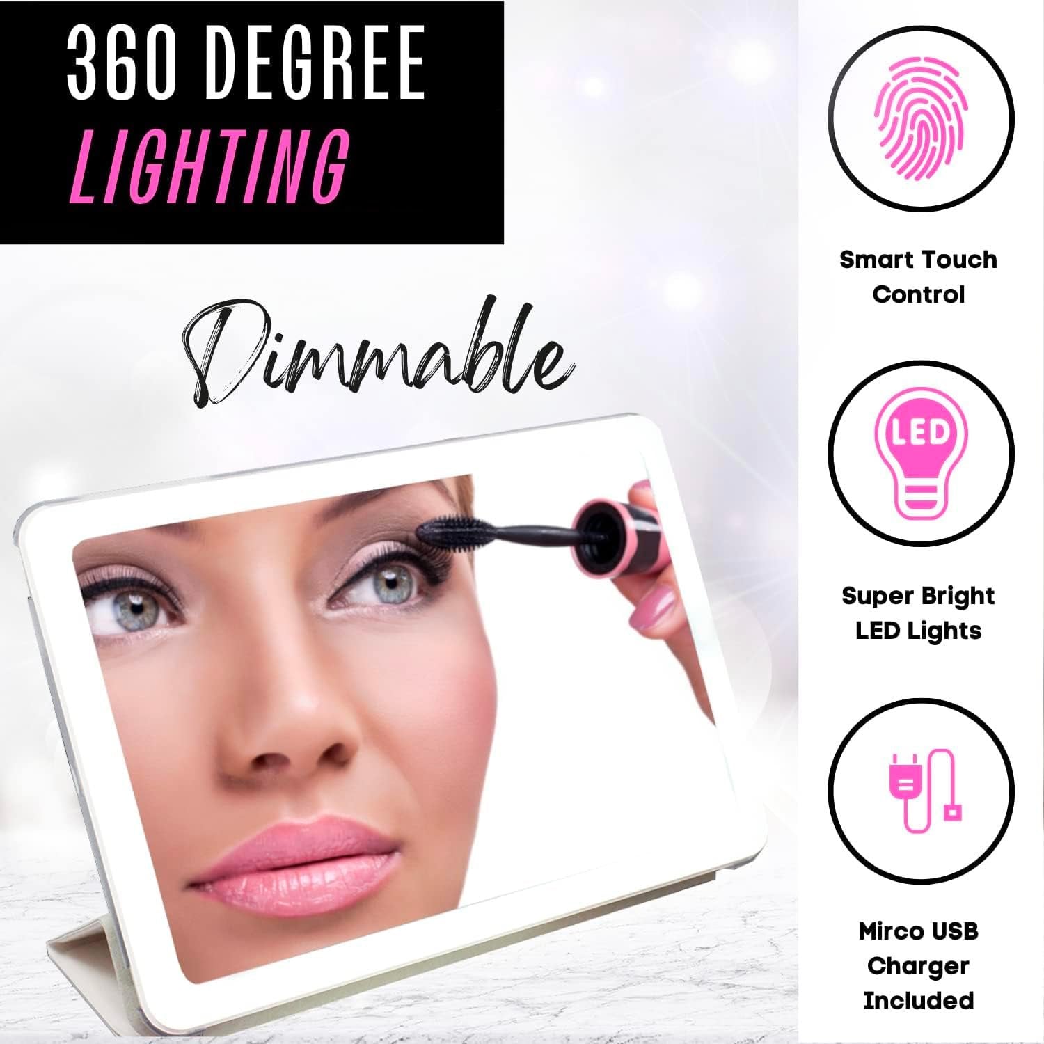 Onyx Professional Portable LED Makeup Mirror with Lights – Handheld or Stand Up Mirror - Folding, Dimmable, Rechargeable, Distortion Free Cosmetic Mirror - Must Have Travel Accessory for Women