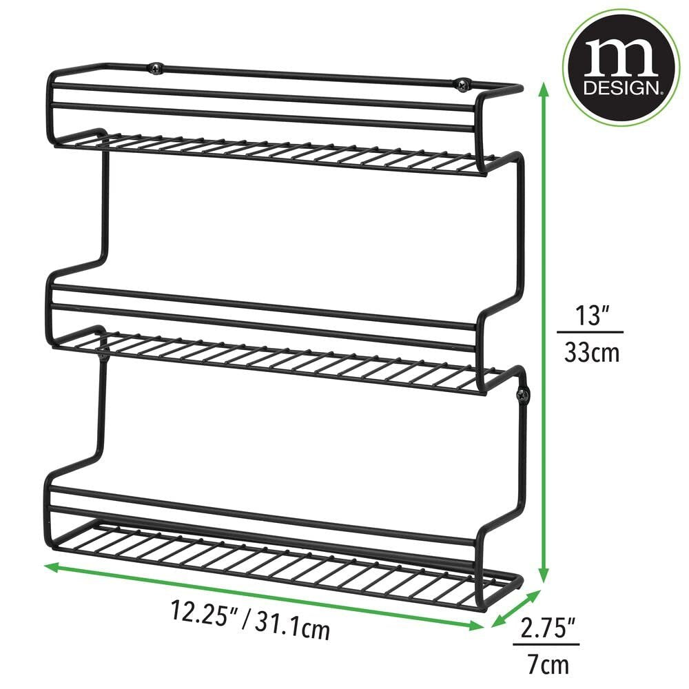 mDesign Metal Wall Mount Kitchen Spice Bottle Rack Holder, Food Storage Organizer for Cabinet, Cupboard, Pantry, Shelf - Holds Spices, Jars, Baking Supplies, Cans, 3 Tier - Black