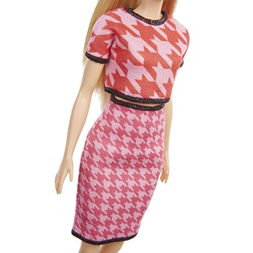 Barbie Fashionistas Doll #169 with Long Blonde Hair, Houndstooth Crop Top & Skirt & Accessories Including Platform Shoes & 2 Barrettes