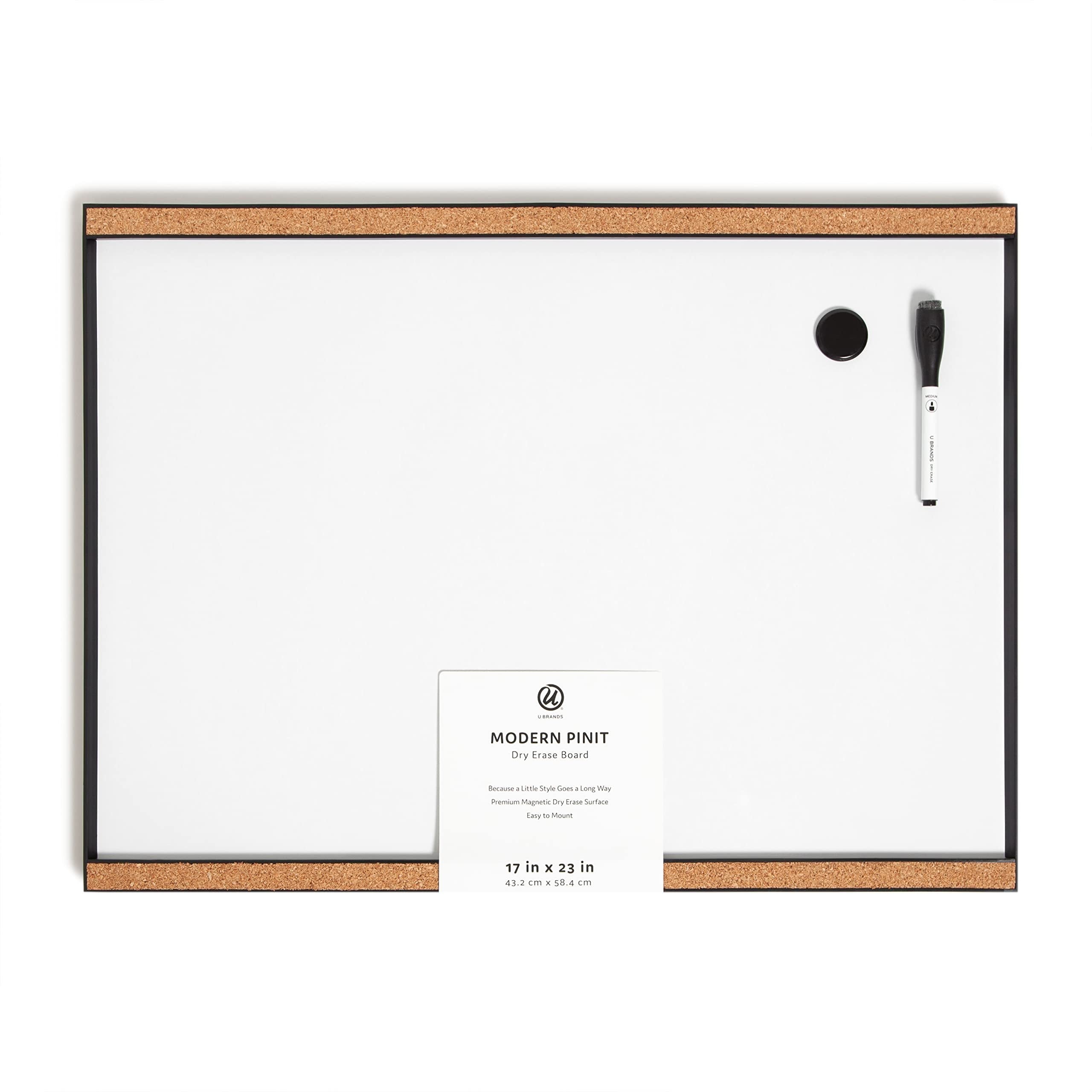 U Brands PinIt Combination Dry Erase Board with Black Frame, Office Supplies, Includes Marker and Magnet, 17” x 23”