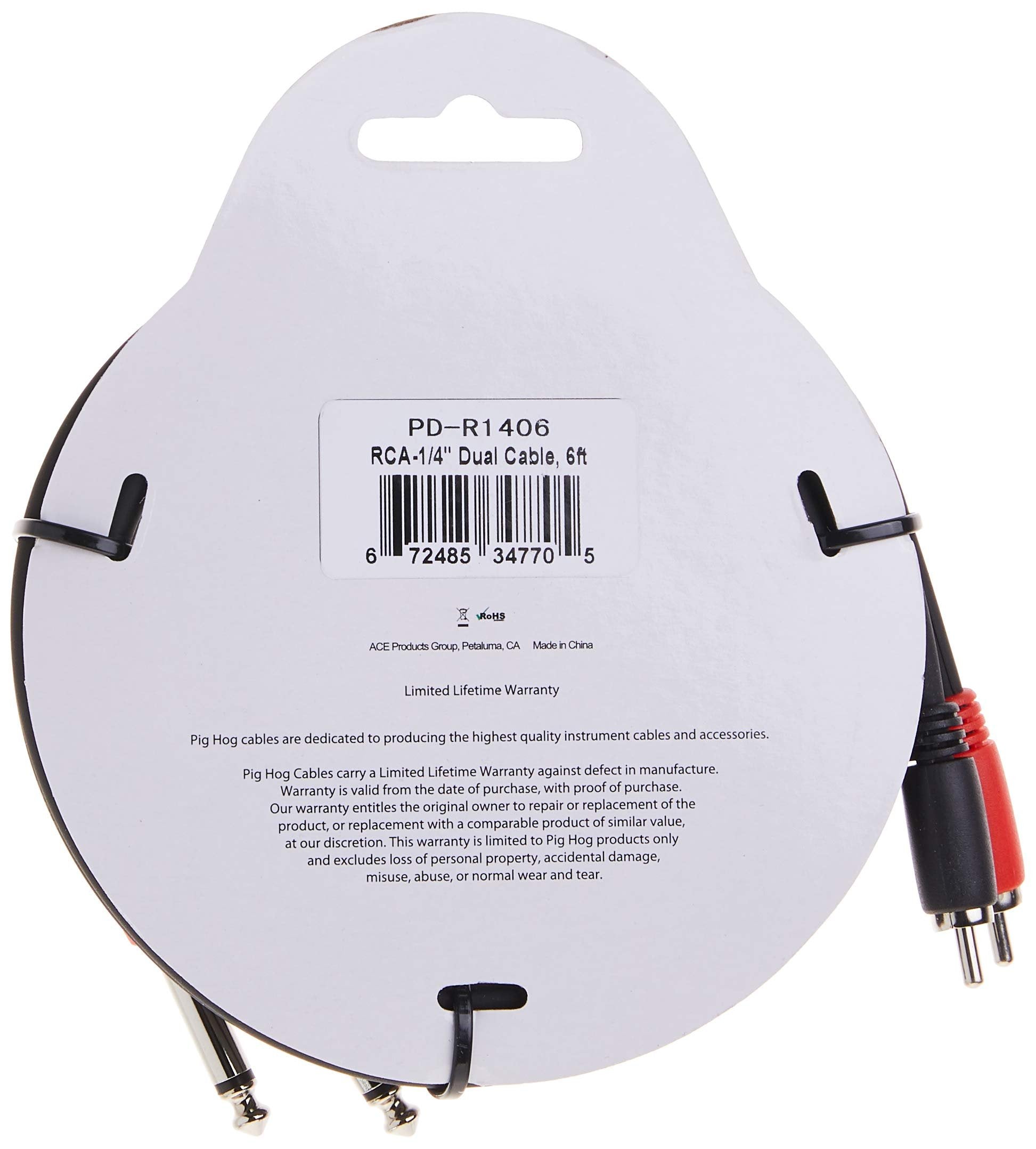 Pig Hog PD-R1406 Dual RCA (Male) to Dual 1/4" Mono (Male) Cable, 6 Feet
