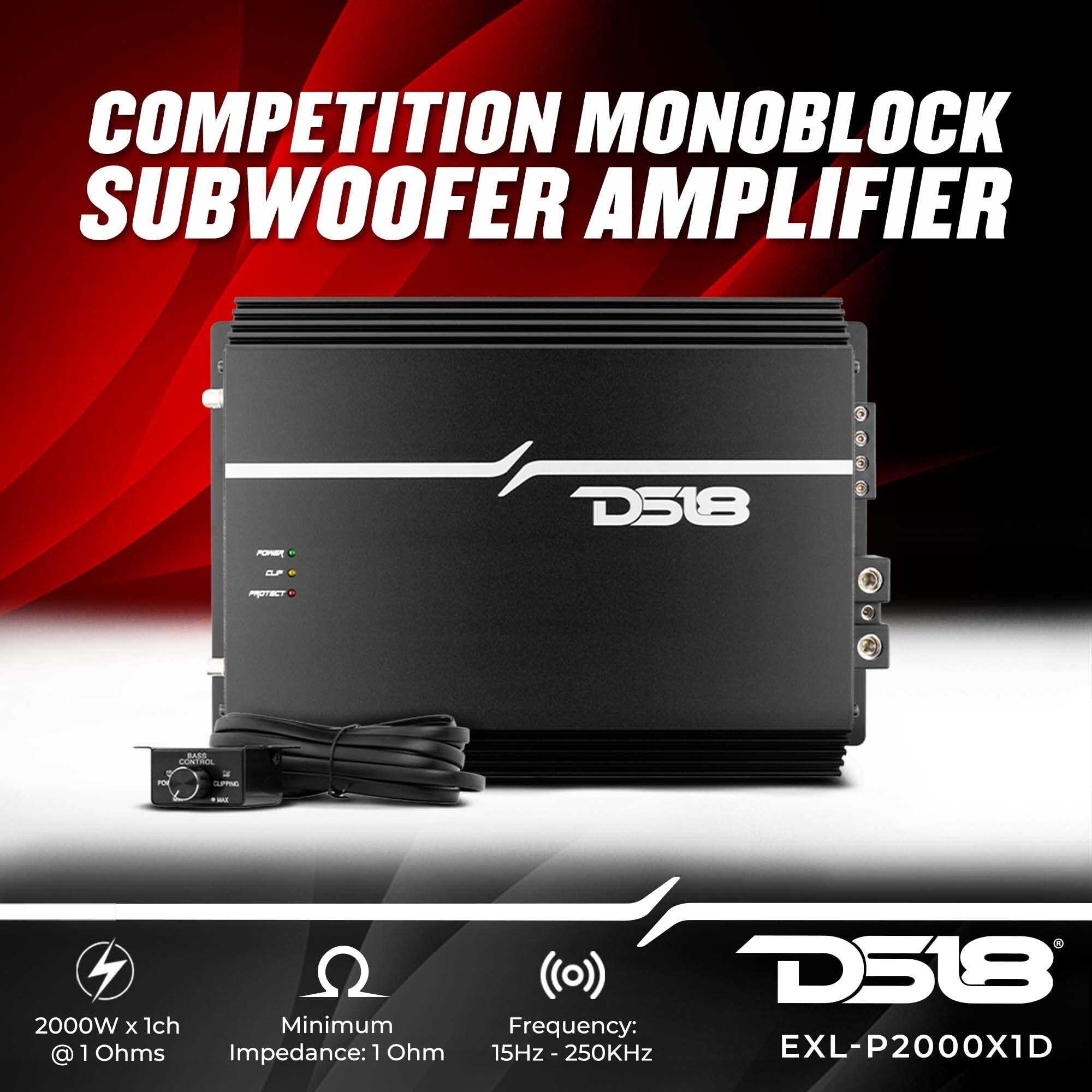 DS18 EXL-P2000X1D Korean 1-Channel Monoblock Subwoofer Car Audio Amplifier Competition Grade Class D MOSFET Amp 2000 Watts Rms - Remote BASS Knob Included