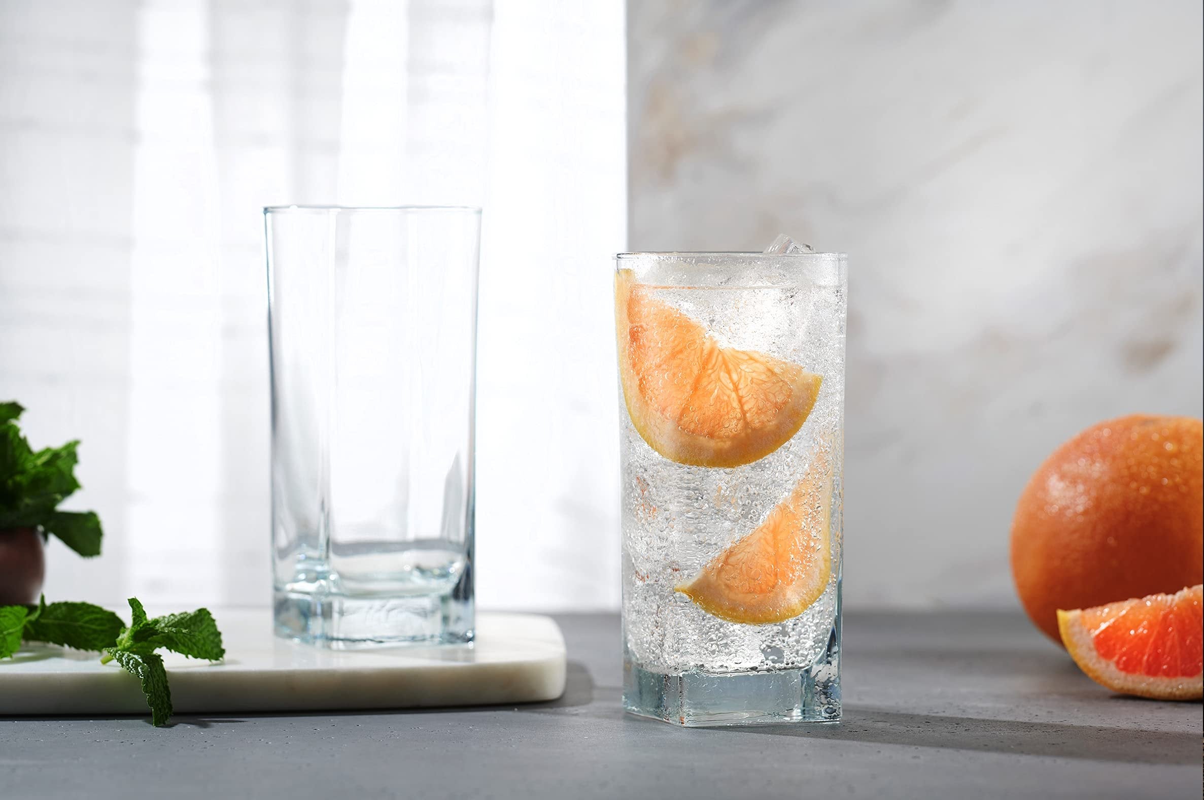 Home Essentials & Beyond Highball Glasses 16 Oz. Set of 4 Tall Square Glass Cups Premium Quality Beverage Cooler Glassware. Uses for Bar Glasses, Water, Juice, and Cocktails.