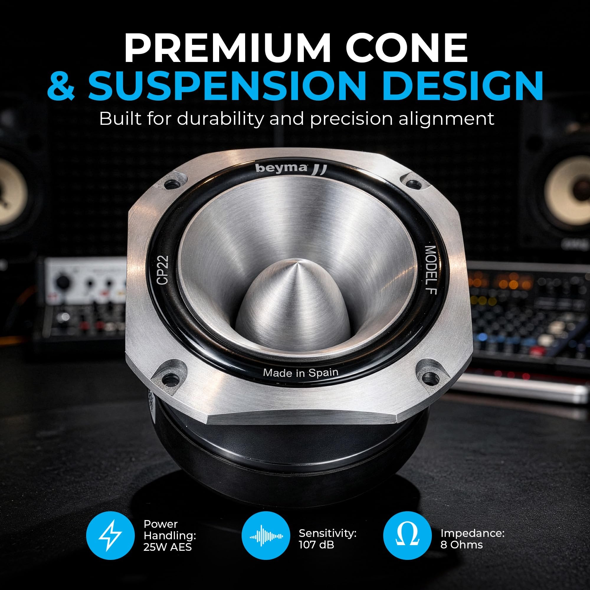 Beyma 8 Ohm Compression Tweeter Speaker, 4 Inch, 107dB Sensitivity, 1.5" Voice Coil, Aluminum Diaphragm, High Output Tweeters Speakers Car Audio, Long Throw Narrow Dispersion, 25W AES Power