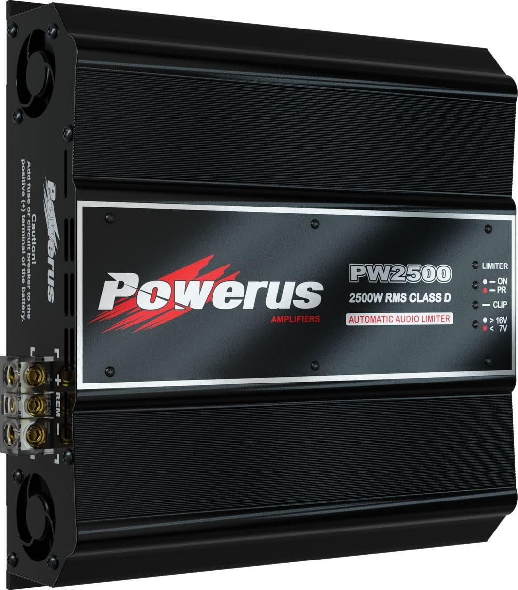POWERUS2500.2 Car Amplifier Class D 2-Ohm 2500 Watts RMS Mono Amp Speaker Automatic Audio Limiter Advanced Protection Circuits - PW2500