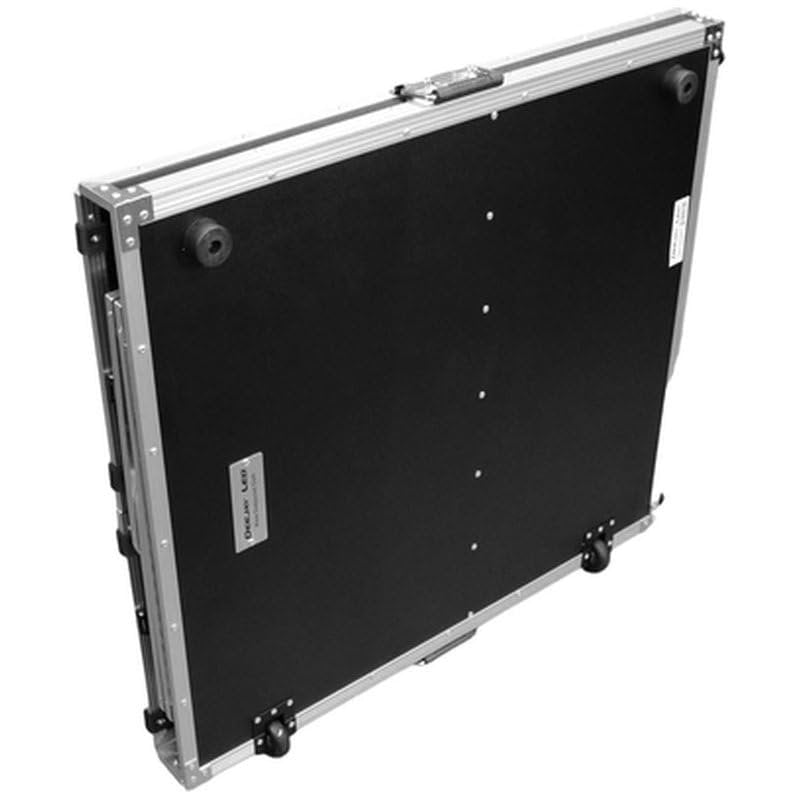 DEEJAY LED TBHTABLEMK2 Portable Folding DJ Table with Accessory Shelf - Mobile Media Workstation, Built-in Wheels, Cable Ports, Recessed Latches, Reinforced Flight Case Frame Construction - Black