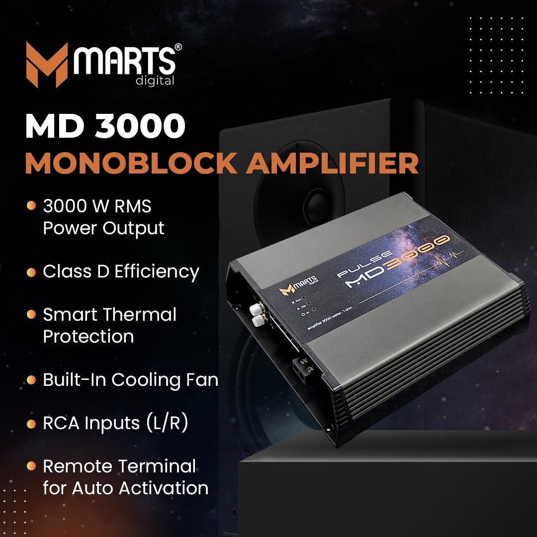 Marts Digital MD 3000 | Full Range Class D Car Amplifier | 3000W RMS at 1 Ohm | Compact Size | Thermal Protection with Fan | Stable Power & Signal Terminals | for Car Audio Installations