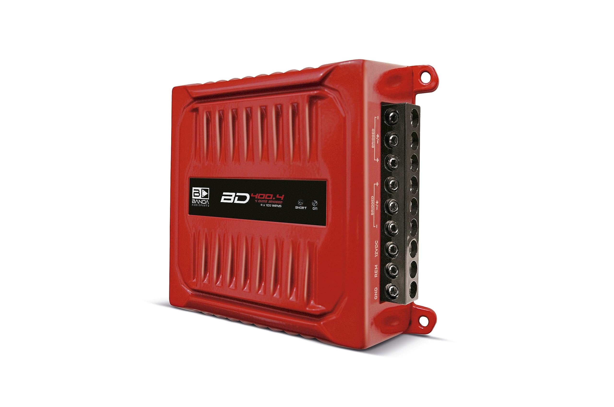 Banda Audioparts BD400.4RED Four Channel 4 x 100 Watt Rms Full Range Car Audio Amplfier 4 Ohms Bridged with Optional Use Low or High Pass Filters Red