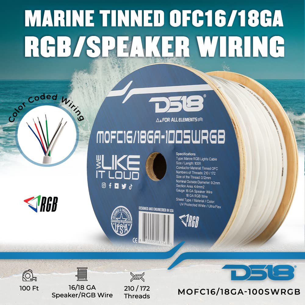 DS18 MOFC16/18GA-100SWRGB Marine Tinned OFC 18-GA RGB Wires with 16-GA Speaker Wires 100 Feet