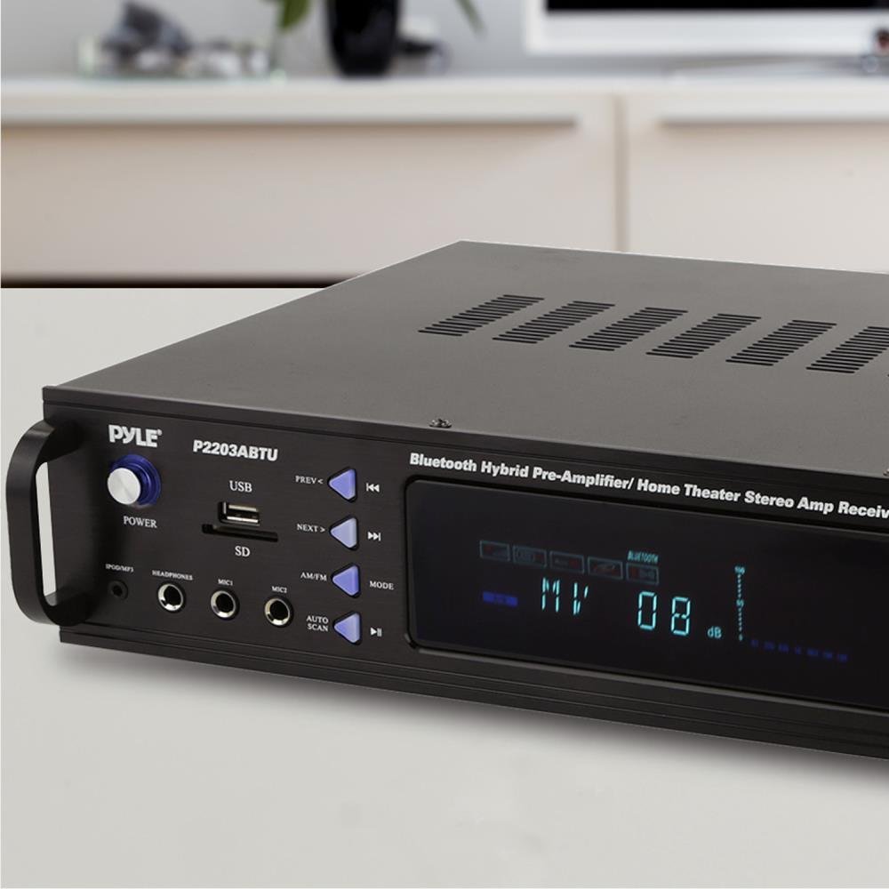 Pyle 4-Channel Bluetooth Home Power Amplifier - 2000 Watt Audio Stereo Receiver w/ Speaker Selector, AM FM Radio, USB/ SD Card Reader, Karaoke Microphone Input - Home Entertainment System