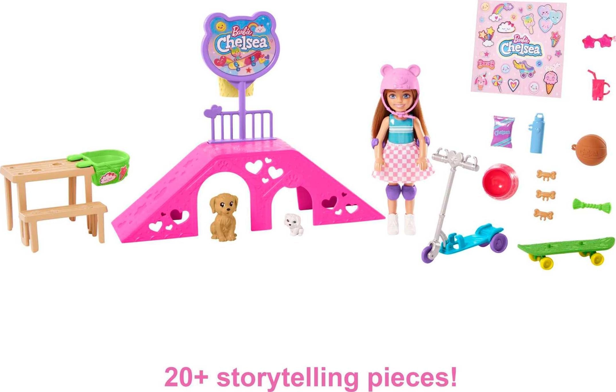 Barbie Chelsea Doll & Skate Park Playset with 2 Puppies, Skate Ramp, Scooter & 15+ Accessories, Brunette Small Doll with Blue Eyes