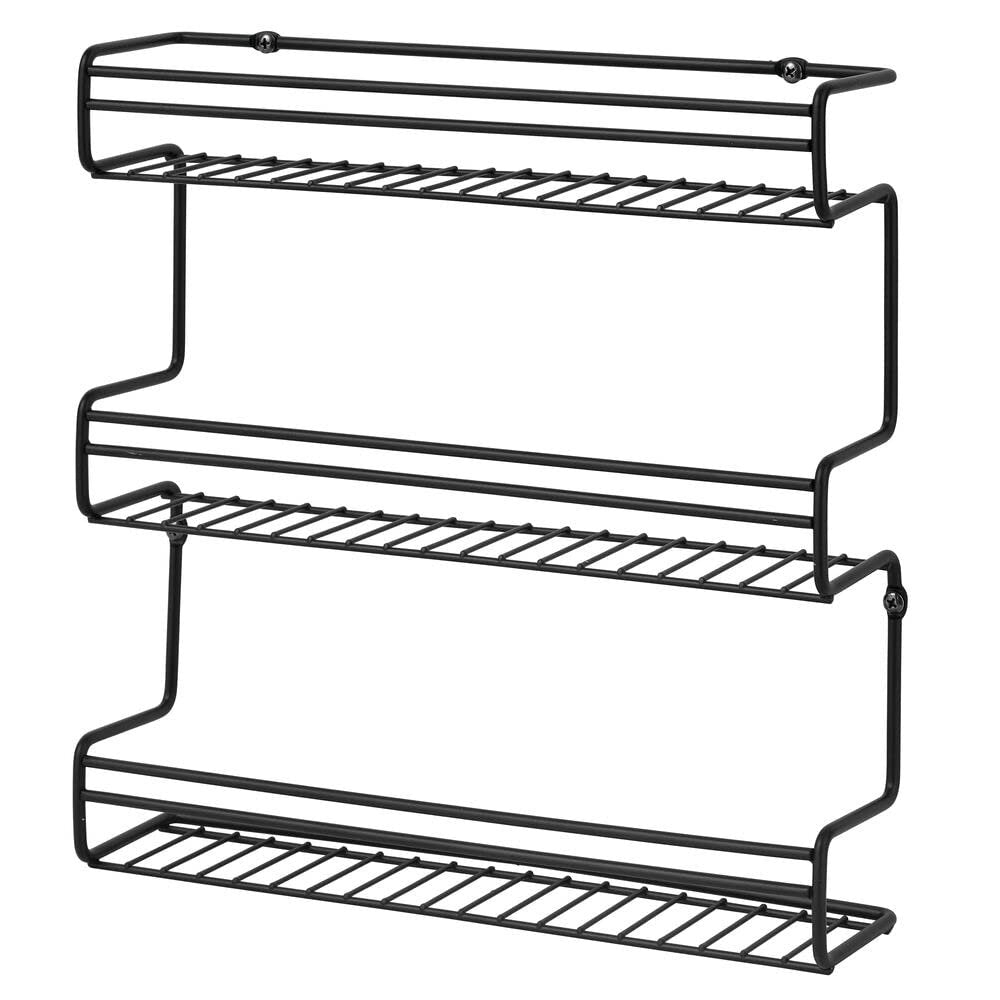mDesign Metal Wall Mount Kitchen Spice Bottle Rack Holder, Food Storage Organizer for Cabinet, Cupboard, Pantry, Shelf - Holds Spices, Jars, Baking Supplies, Cans, 3 Tier - Black