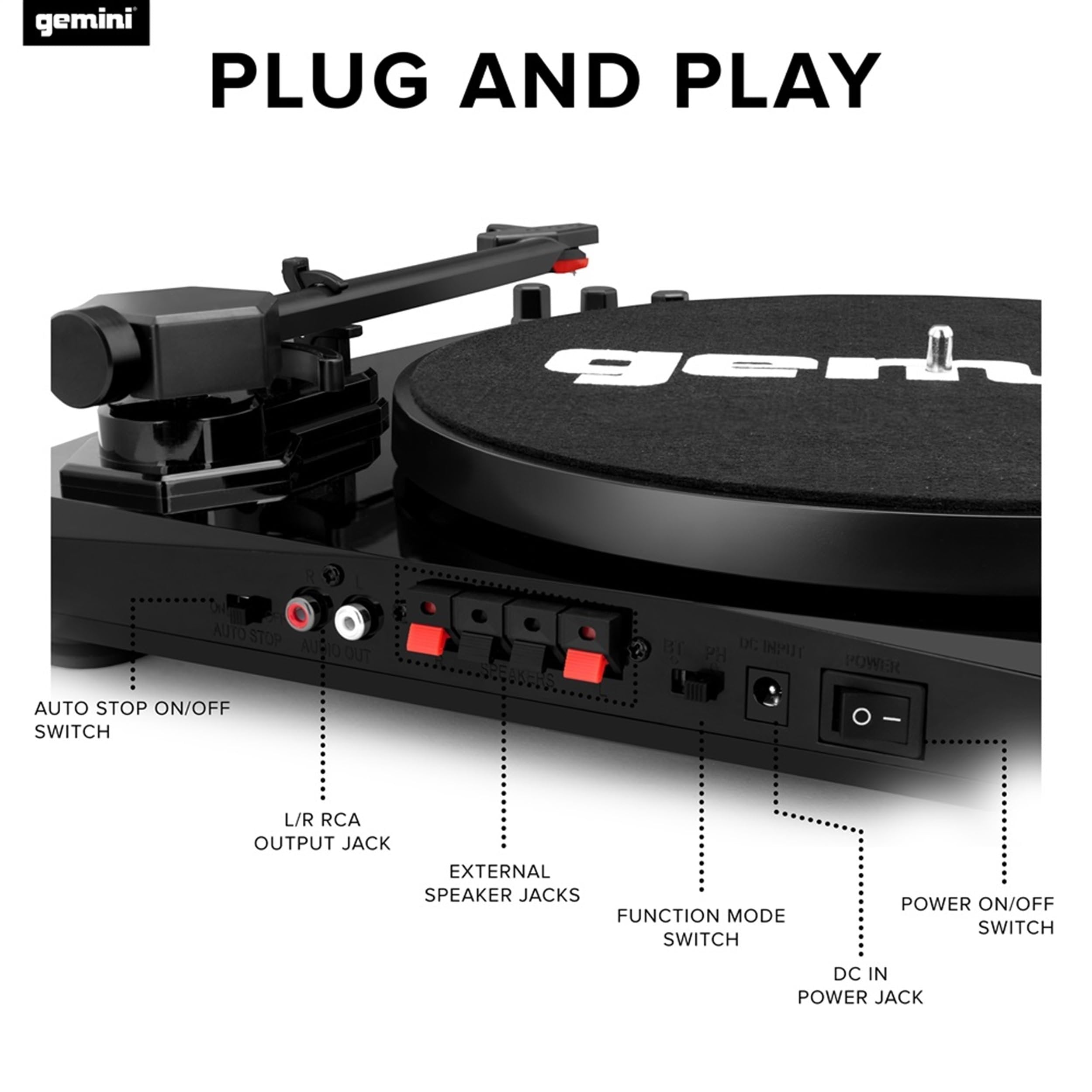 Gemini Sound TT-900 - Classic Black 3-Speed Turntable with Pitch Adjustment, Bluetooth Connectivity, and High-Fidelity Stereo Sound