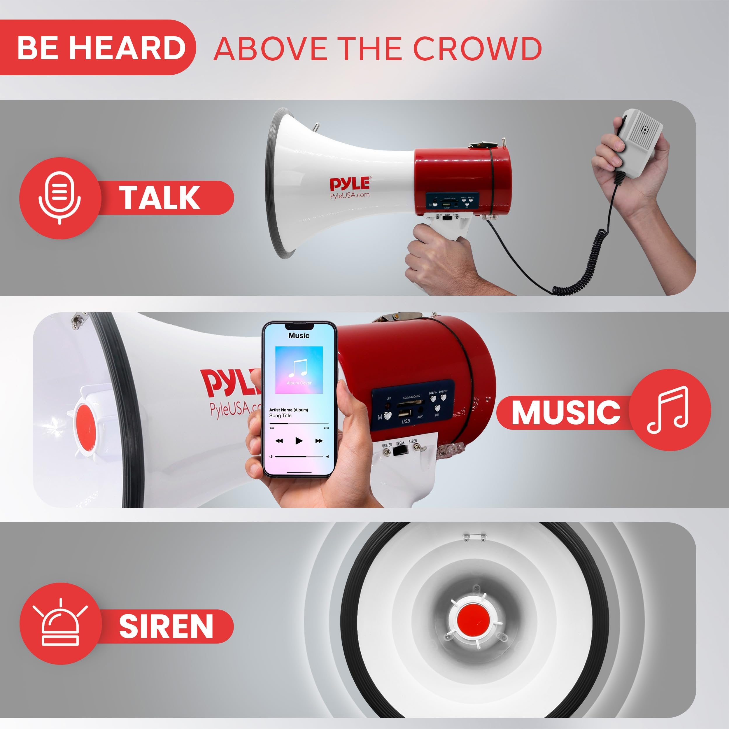 Pyle Megaphone with Siren Bullhorn 50 Watt - Bullhorn Speaker with Detachable Microphone, Portable Lightweight Strap & Rechargeable Battery - Professional Outdoor Voice for Police & Cheerleading (PMP57LIA), White, Large