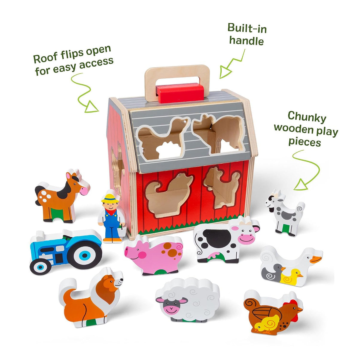 Melissa & Doug Take-Along Wooden Toy Barn, 11-Pc Portable Toddler Playset with Farm Animals & Pop-Up Roof, Preschool Learning Toys for Girls & Boys 2+