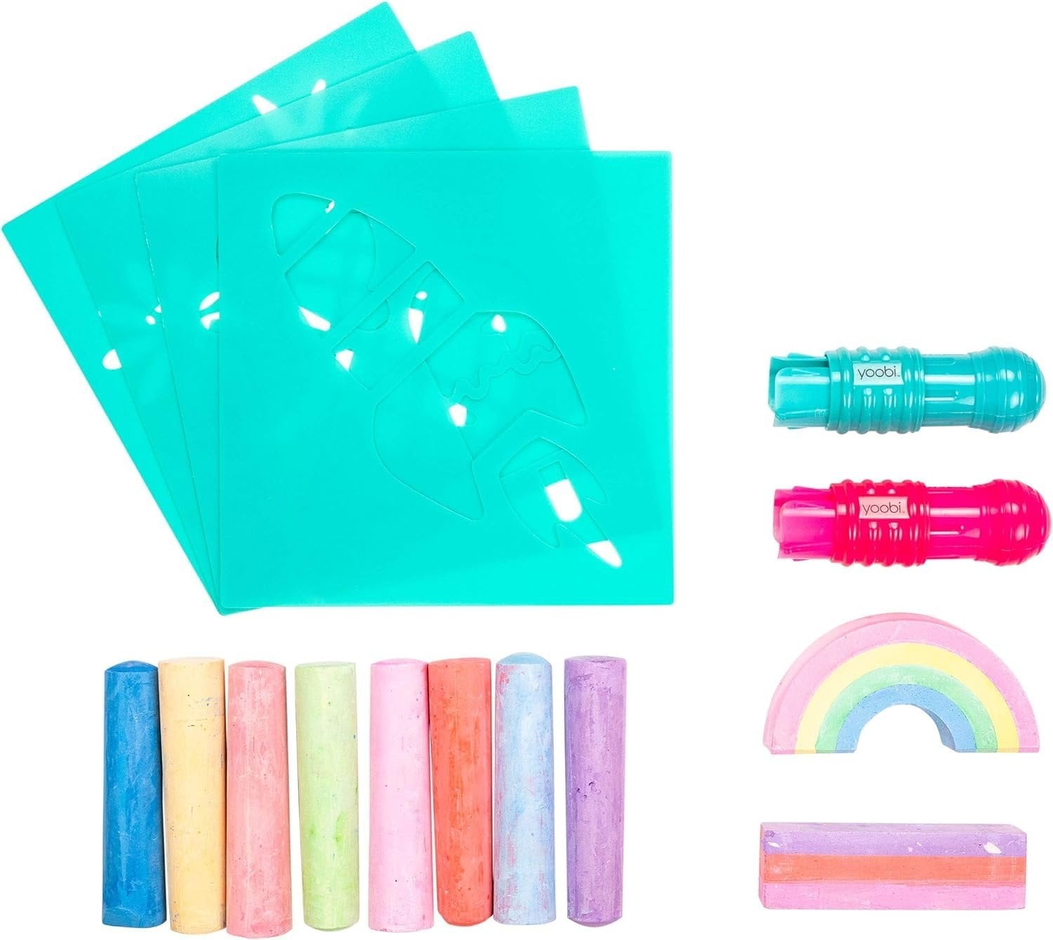 Yoobi  Rainbow Sidewalk Chalk and Stencil Set  16 Piece Includes 2 Chalk Holders and 4 Fun Stencils  Non Toxic & Washable  Outdoor Art Activities for Kids