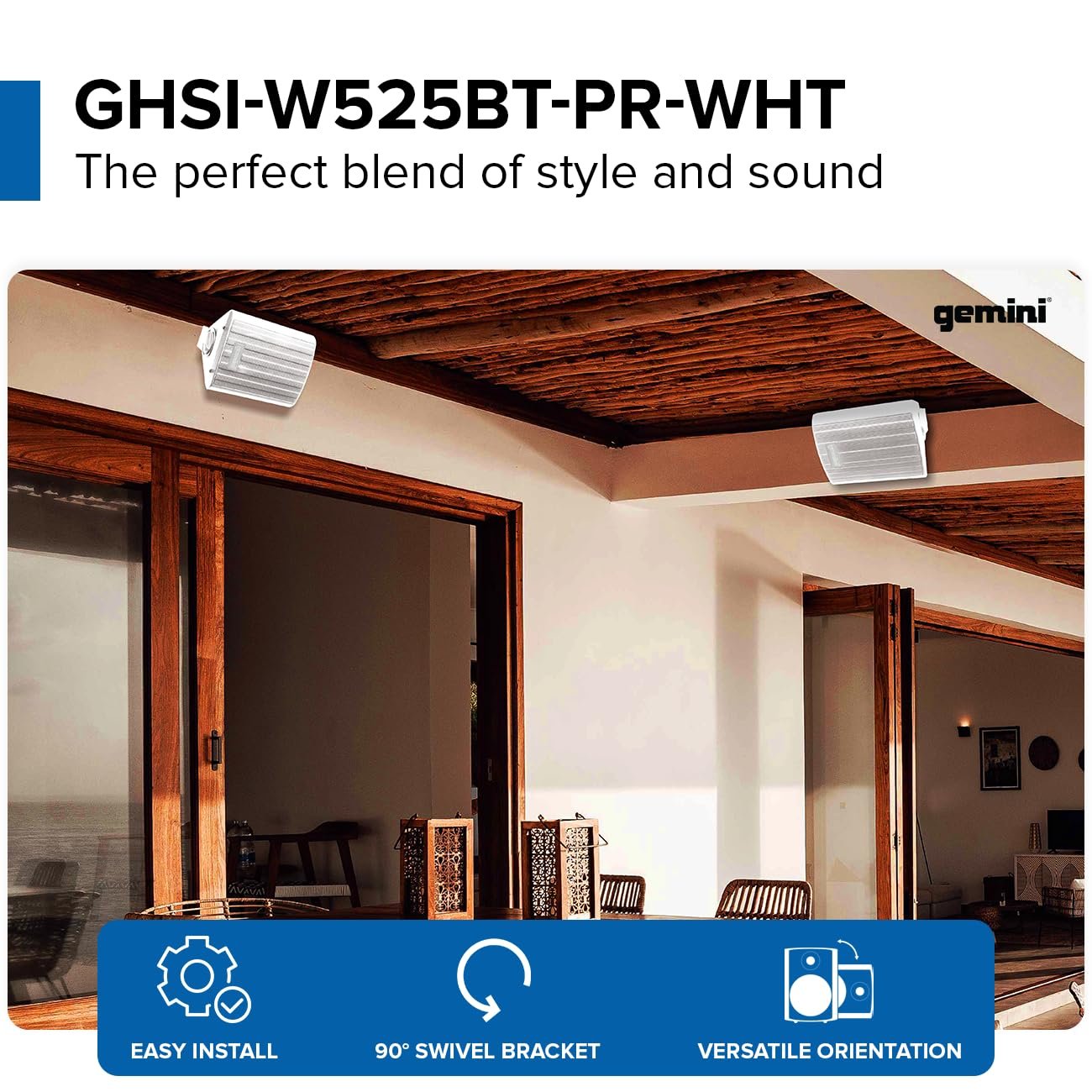Gemini Sound GHSI-W525BT-PR-WHT 5.25" Inch Powerfull Bass Woofer 150 Watt Peak Power Waterproof Bluetooth Wall & Ceiling Mount Wired Speakers Pair Easy Daisy Chain for Home Outdoor Pool & Patio, White