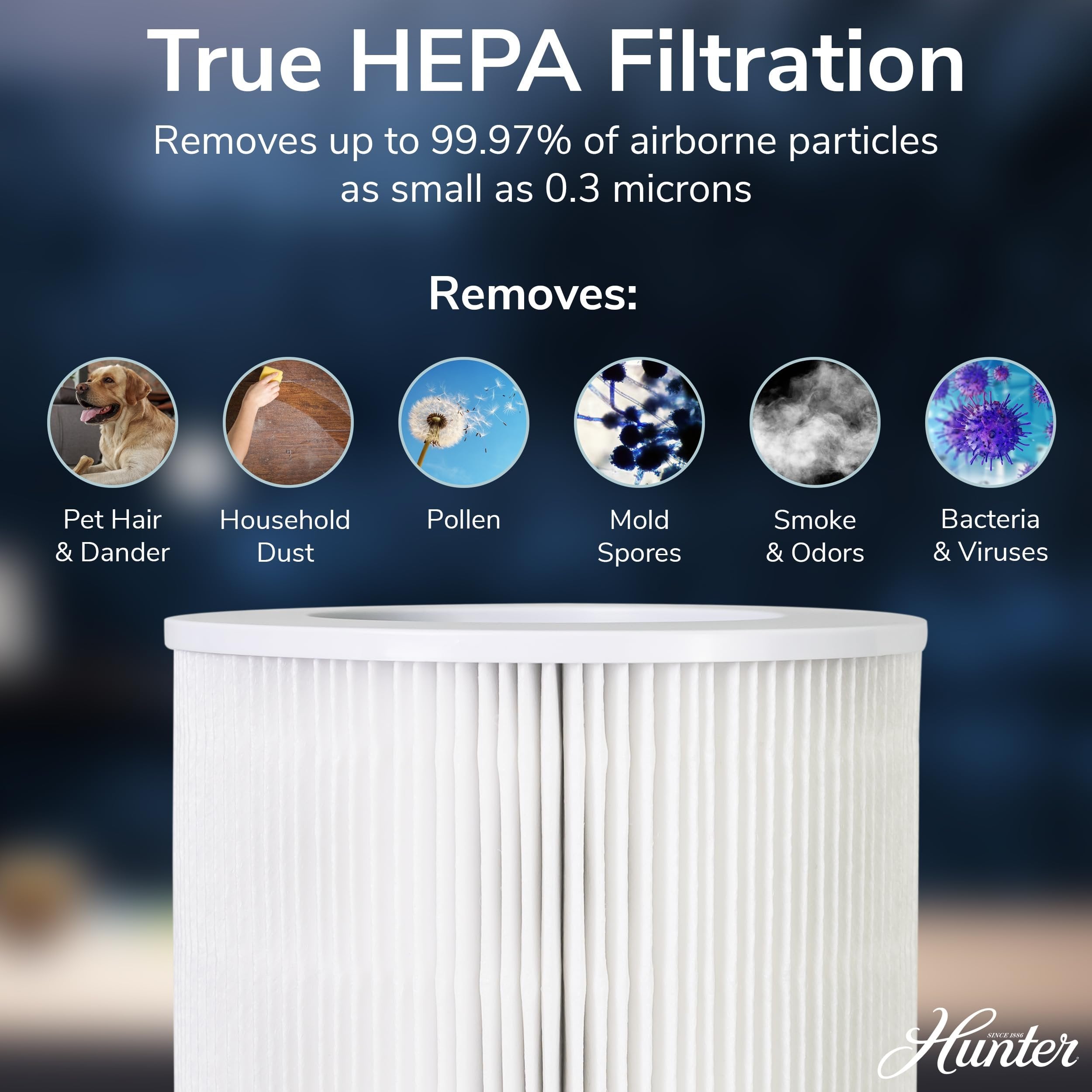 Hunter Fan Company HP670 True HEPA Air Purifier for Allergies, Removes Dust, Smoke, Mold, and Pollen, Covers up to 195 Sq. Ft., Digital Tall Tower, Graphite