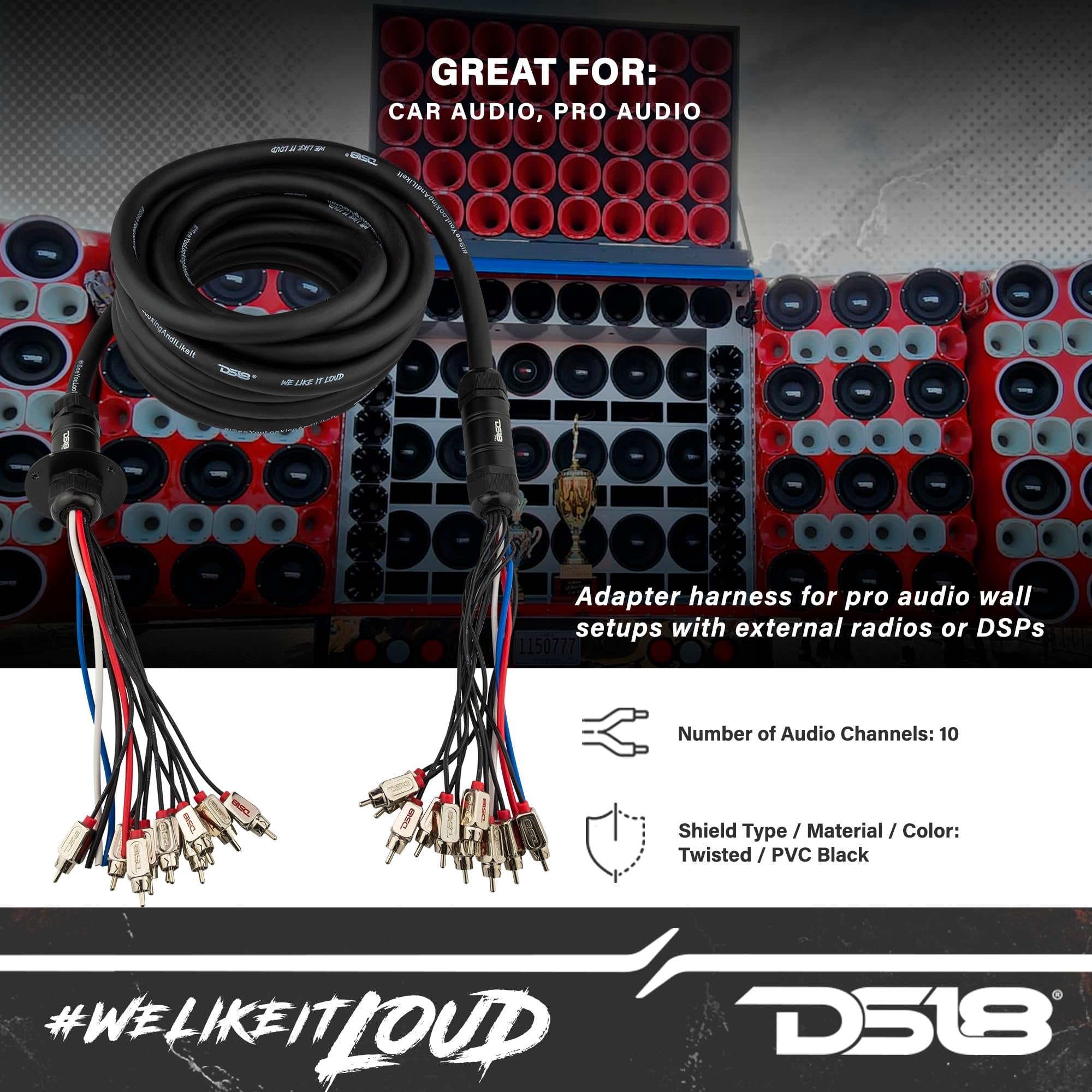 DS18 MDSA10/4.30FT Medusa/Snake Audio Wire with 10 Channels RCA and 4 x 12GA OFC Power Cables 30ft - Heavy Duty Remote Audio/Power Wire Snake Cable for Radio Box Extension