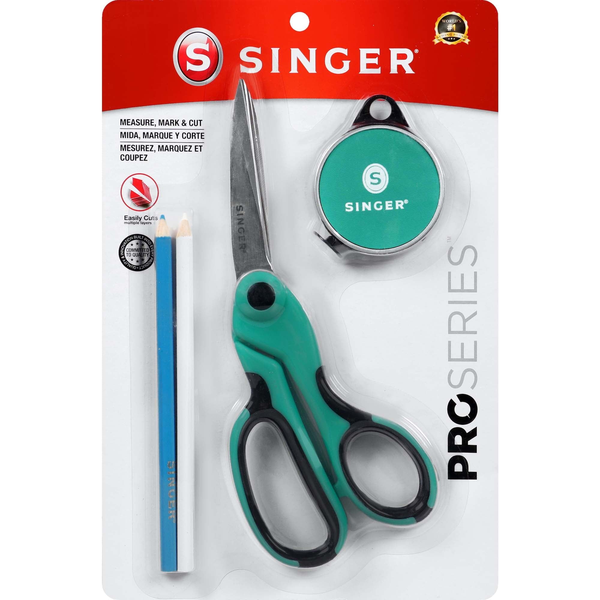 SINGER ProSeries Measure, Mark, Cut Combo Set, Retractable Tape Measure, Water Soluble Fabric Pencil, Heavy Duty 8 1/2" Fabric Scissors, Teal, 3 Pack