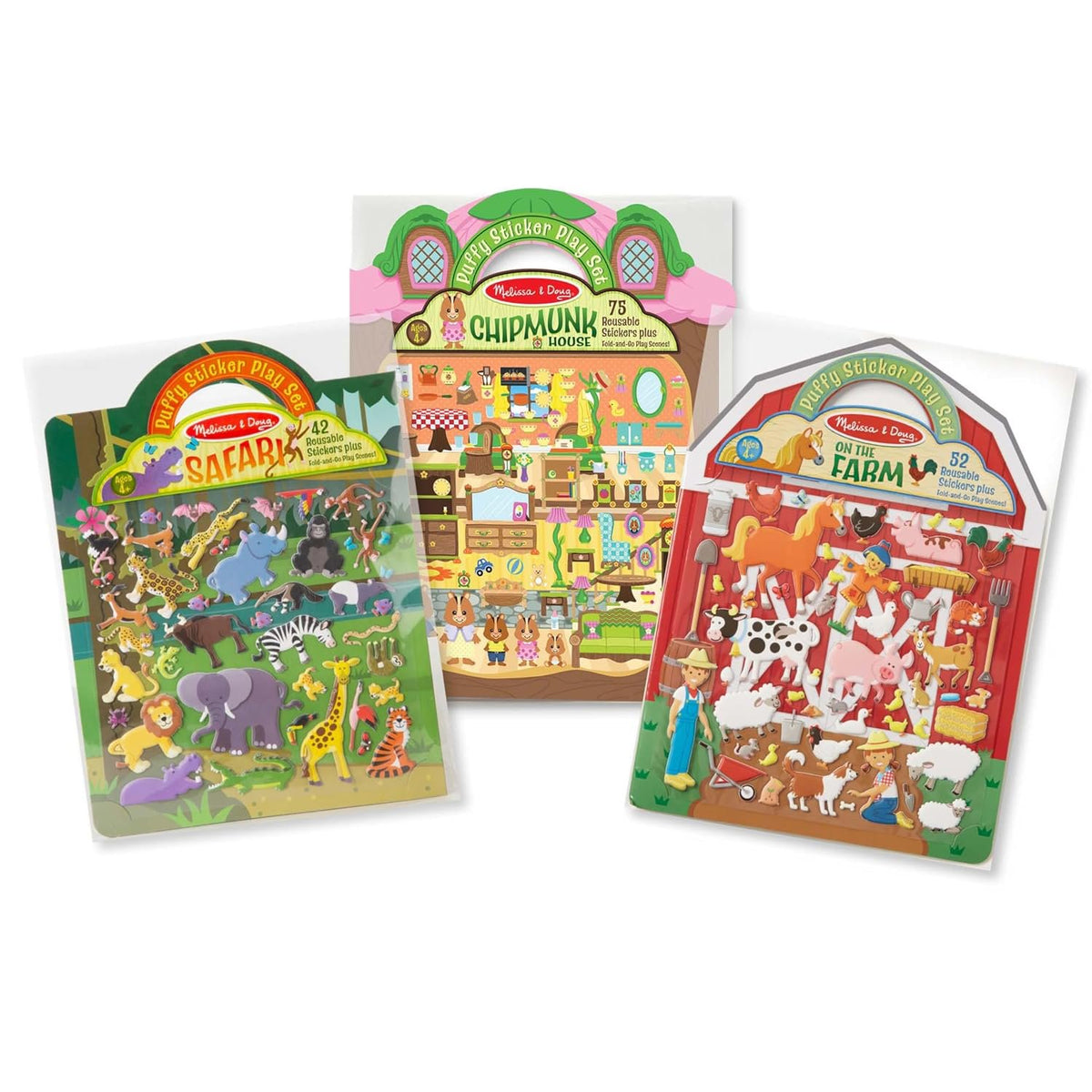 Melissa & Doug Puffy Sticker Activity Books Set - Farm, Safari, and Chipmunk Reusable Stickers, Restickable Puffy Sticker Books for Kids Ages 4+ - FSC Certified