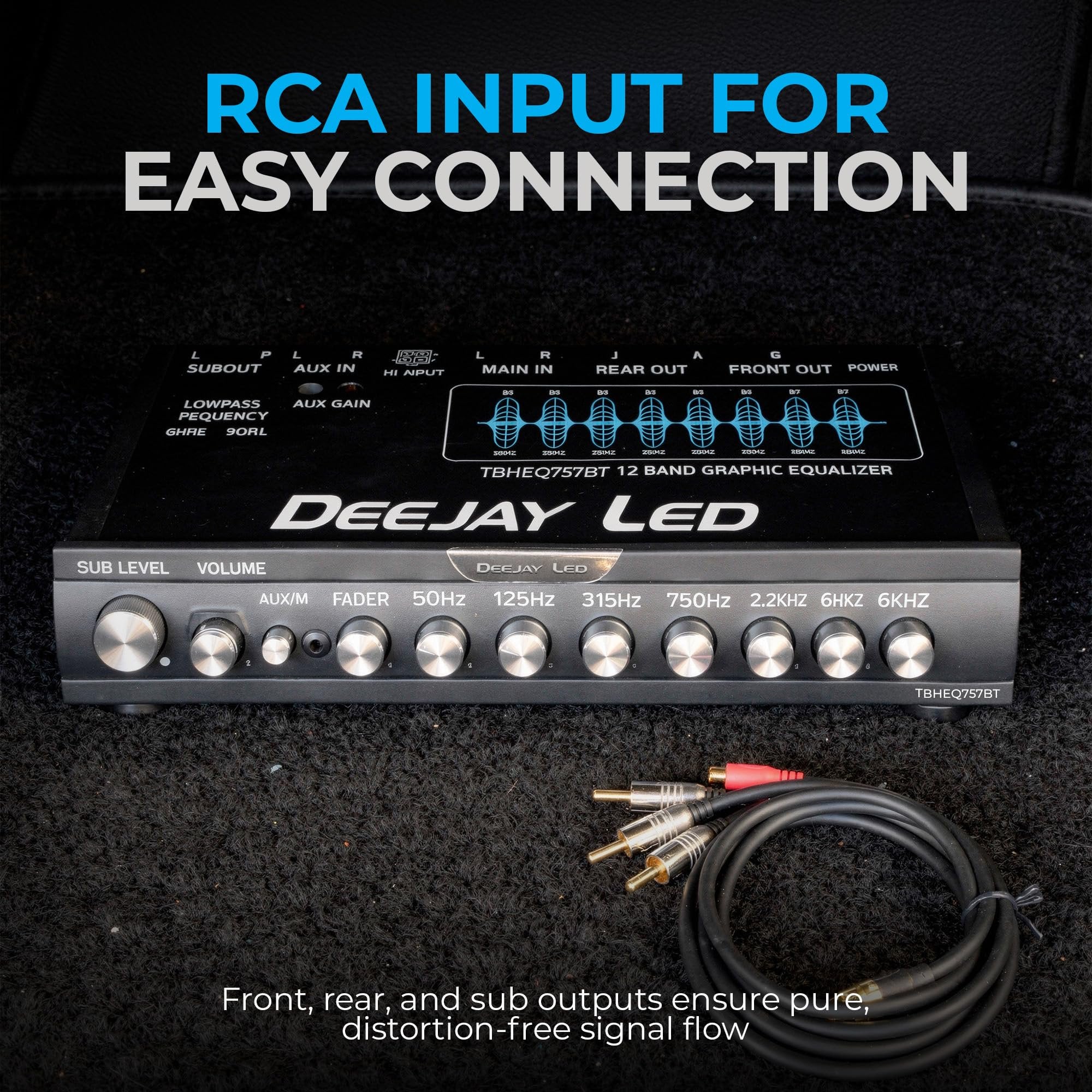 DEEJAY LED Single Din Car Equalizer, Wireless Bluetooth 7 Band Equalizer for Car Audio, Subwoofer Fader, Stereo RCA Inputs & Outputs, Front Panel Aux in, Sound, 18dB Crossover