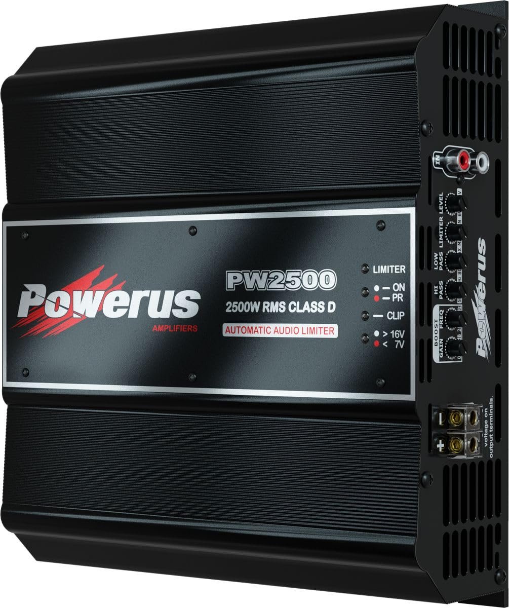 POWERUS2500.2 Car Amplifier Class D 2-Ohm 2500 Watts RMS Mono Amp Speaker Automatic Audio Limiter Advanced Protection Circuits - PW2500