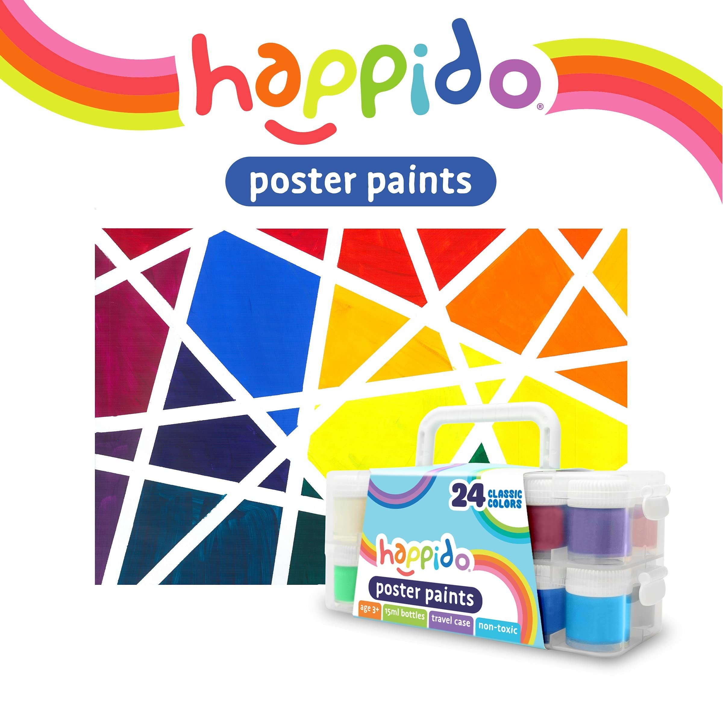 Happido Poster Paints, 24 Classic Colors - Non-Toxic Brightly Colored 15 ml Paint Bottles, Great for Craft Projects and Coloring, Comes with Carry and Storage Case, Art Supplies for Kids of All Ages
