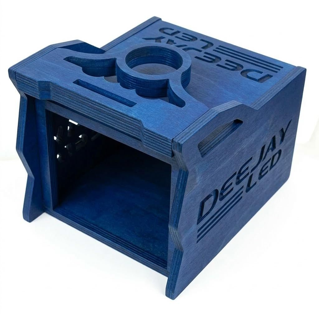 DEEJAY LED TBH1DIN3EQBLUE One Din Two EQ Wooden Case, Light Brown MDF Car Audio Controller Housing with 2.5" Cup Holder, 1 DIN EQ Wooden Box, Custom Wooden Case for Equalizer, 2.5 DIN Space - Blue