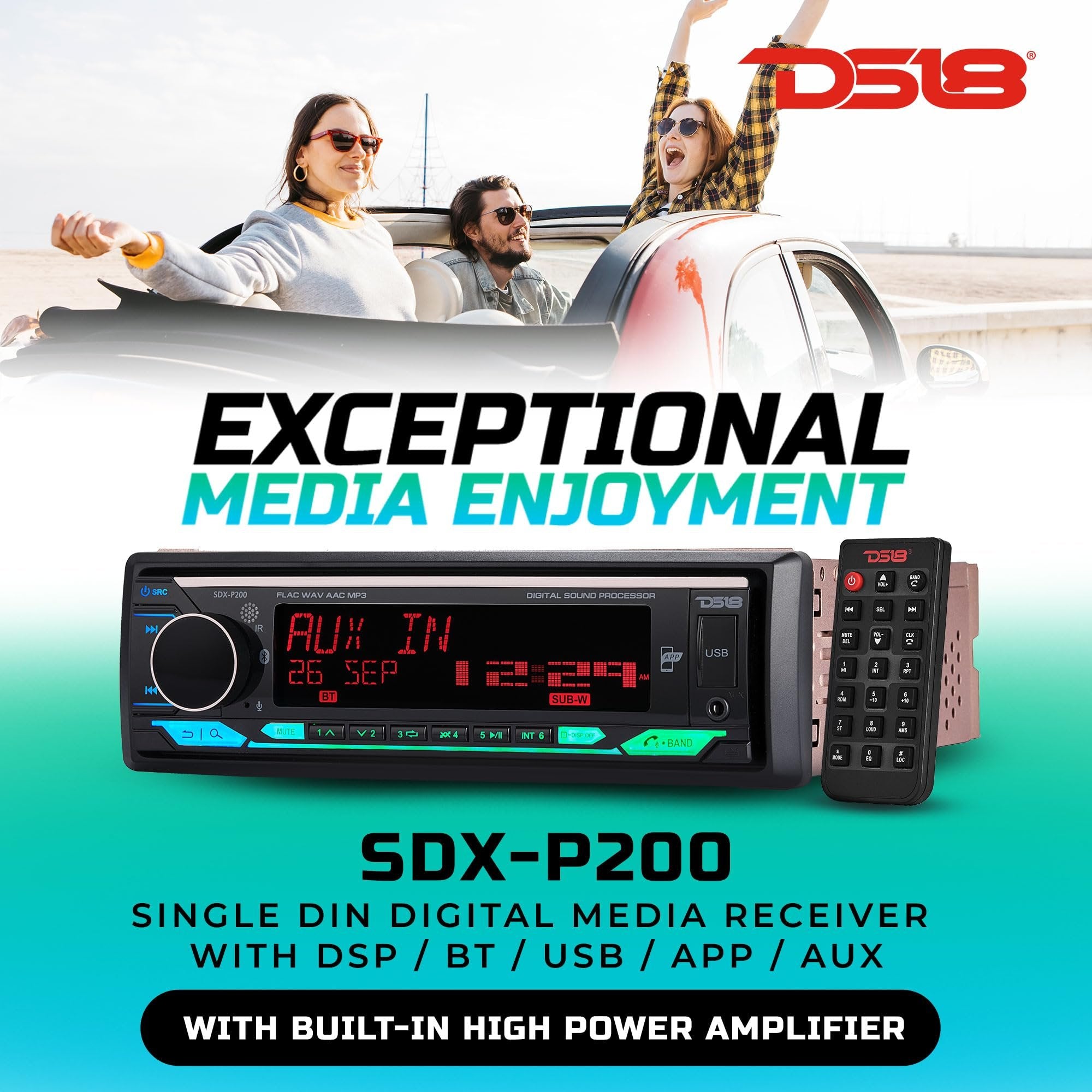 DS18 SDX-P200 Digital Media Receiver Single Din, Car Stereo Radio DSP, High Power 4 x 60 Watts, APP, Bluetooth Audio and Calling, Aux Input, USB, Mechless, AM/FM, 3V + 3.5V Subwoofer