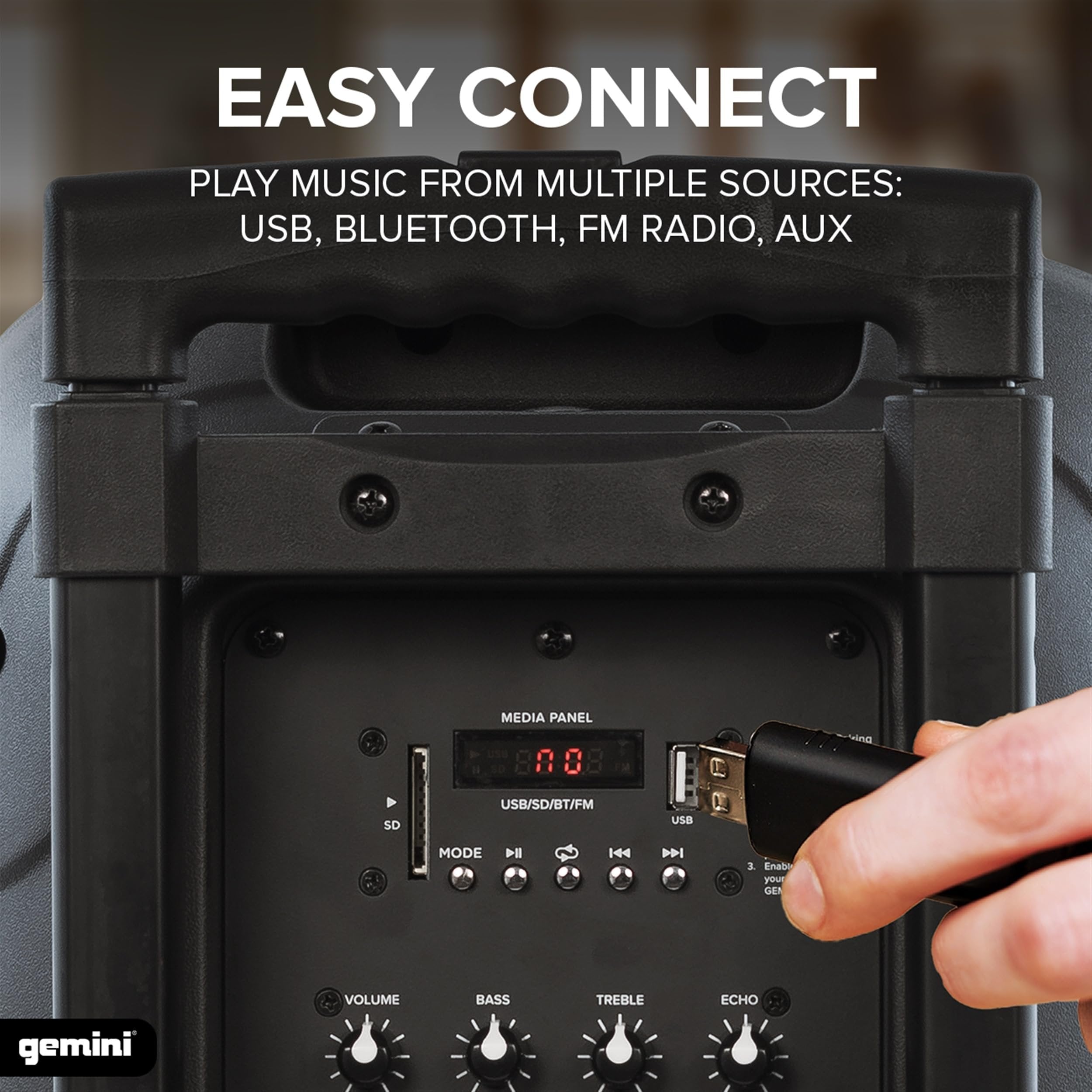Gemini Sound AS-10TOGO - 1000W Peak Active Bluetooth® PA Speaker, 10” Woofer, Trolley Handle and Wheels, Long-Lasting Battery Powered, Wireless Mic, Echo for Karaoke, Perfect for Tailgates