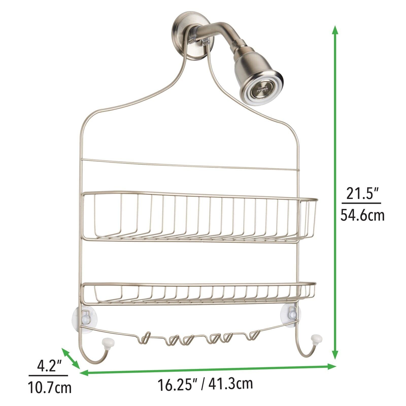 mDesign Extra Wide Metal Wire Bathroom Tub and Shower Caddy, Hanging Storage Organizer Center with Built-in Hooks and Baskets on 2 Levels, Rust Resistant - Satin