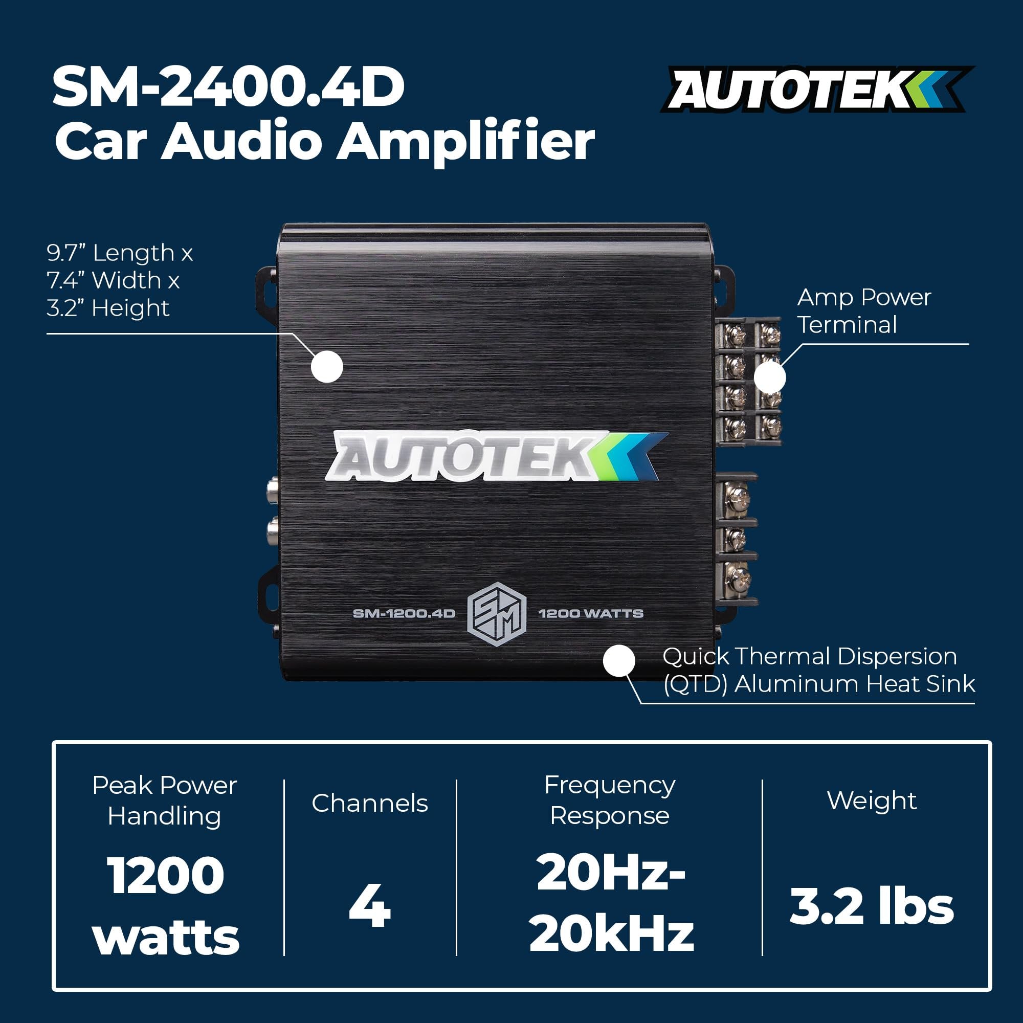 Autotek 1200 Watt 4 Channel Car Audio Amplifier with Bass Knob, High Output Class D Mono Bridged 4 Ohm Stable Input, Street Machine, SM-1200.4D, Black