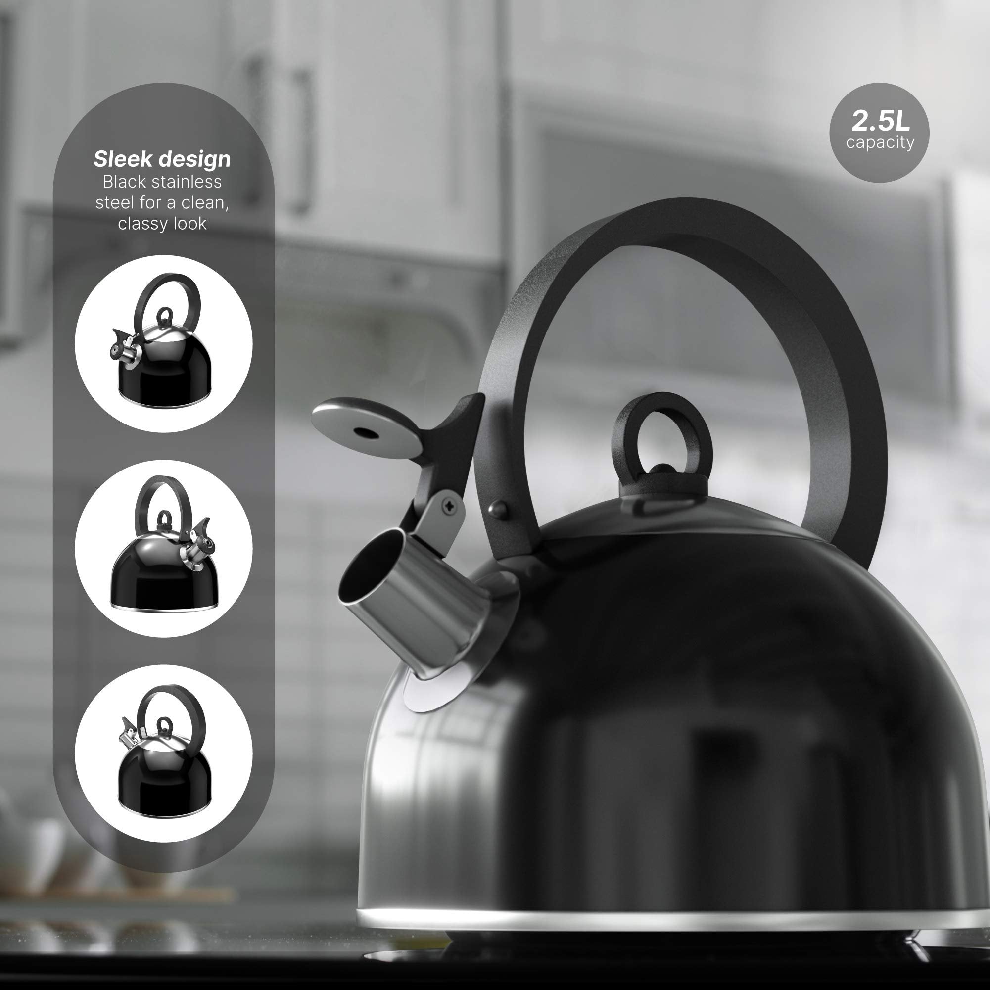 Godinger Studio Hot Water Tea Kettle, Stainless Steel Tea Pot with Whistle, Stovetop Teakettle - 2.5L, Black